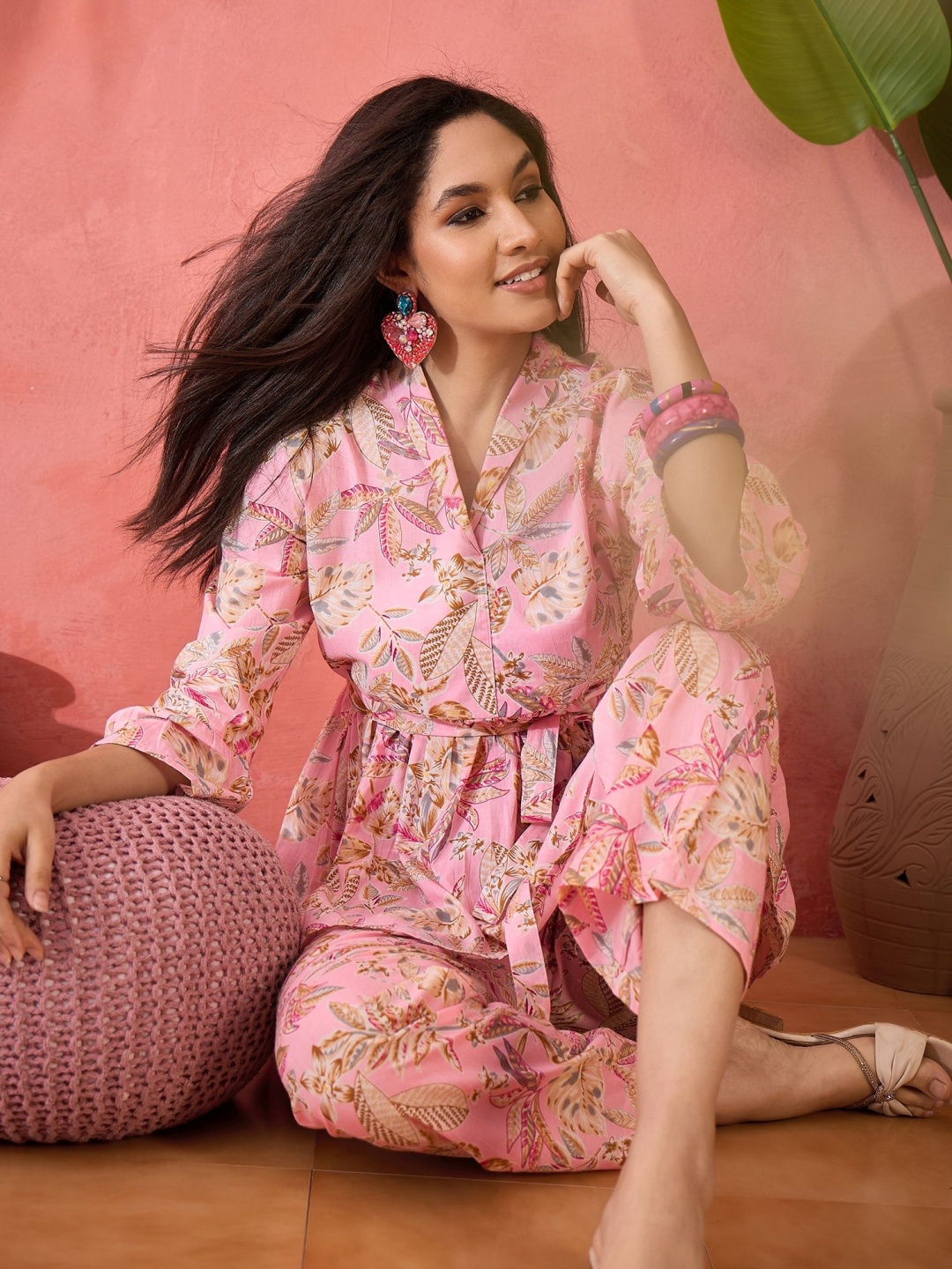 

Sangria Printed Pure Cotton Three Quarter Sleeve Tunic & Trouser Co-Ords, Pink