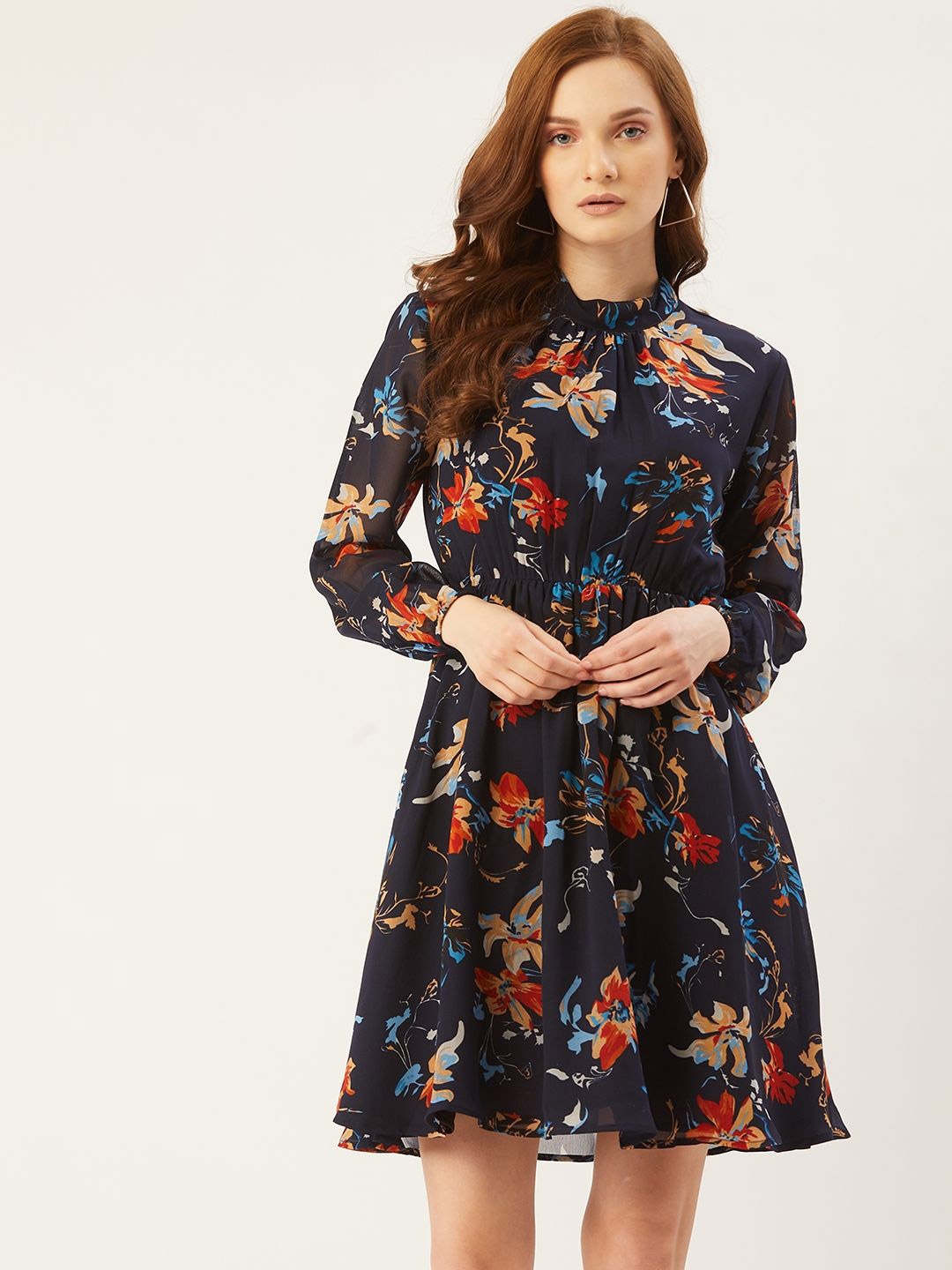 

Moda Rapido Floral Print Puff Sleeve Georgette A-Line Dress, Navy blue