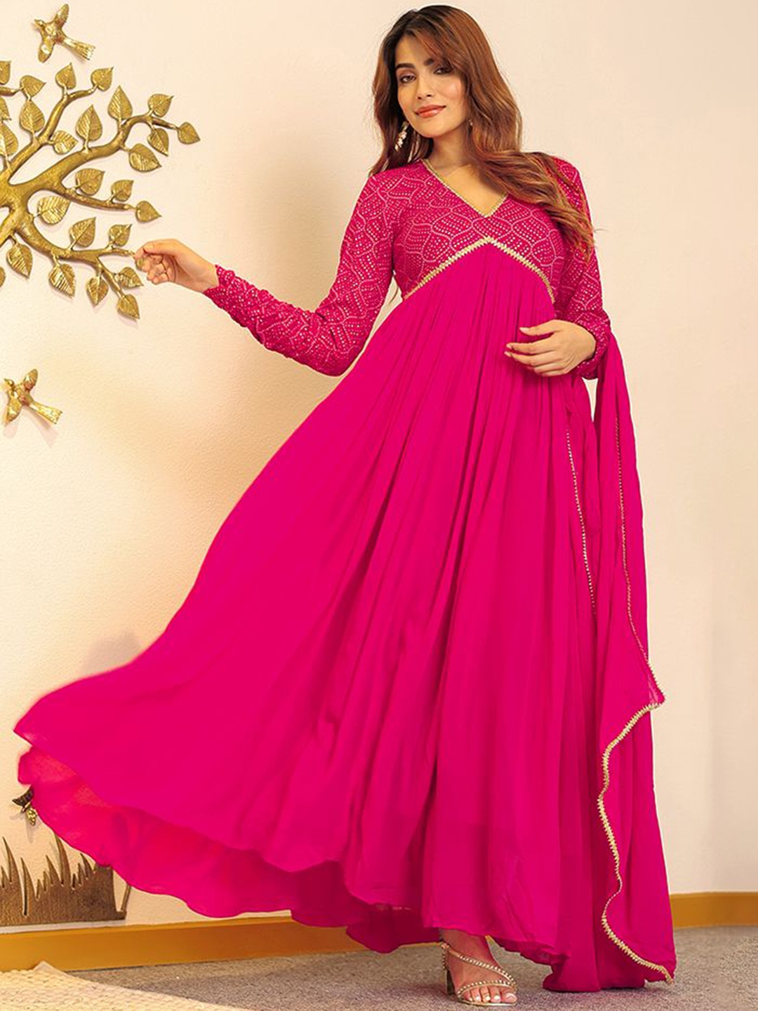 

LABEL ADITI HUNDIA Embroidered Gotta Patti Georgette Anarkali Kurta with Dupatta, Pink