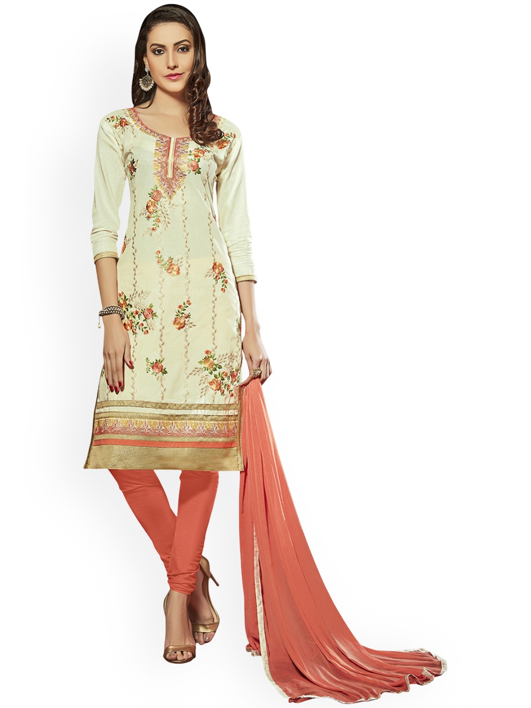 

HERE&NOW Floral Printed Unstitched Dress Material, Cream