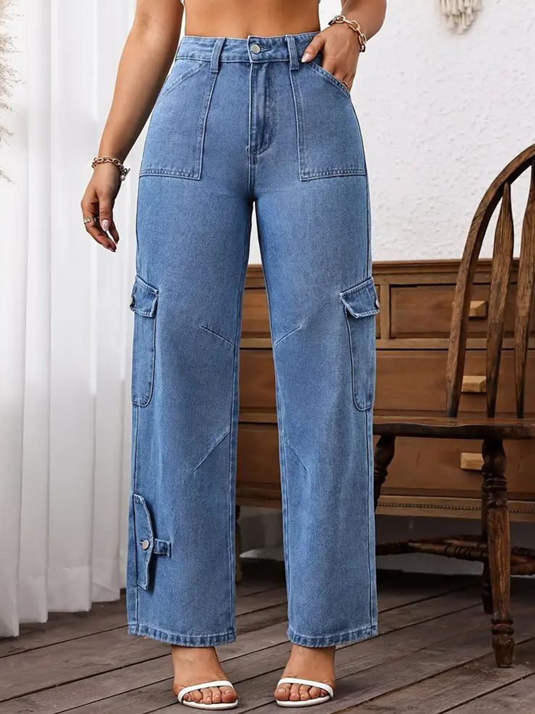 

DressBerry Women Comfort Wide Leg High-Rise Light Fade Acid Wash Stretchable Jeans, Blue