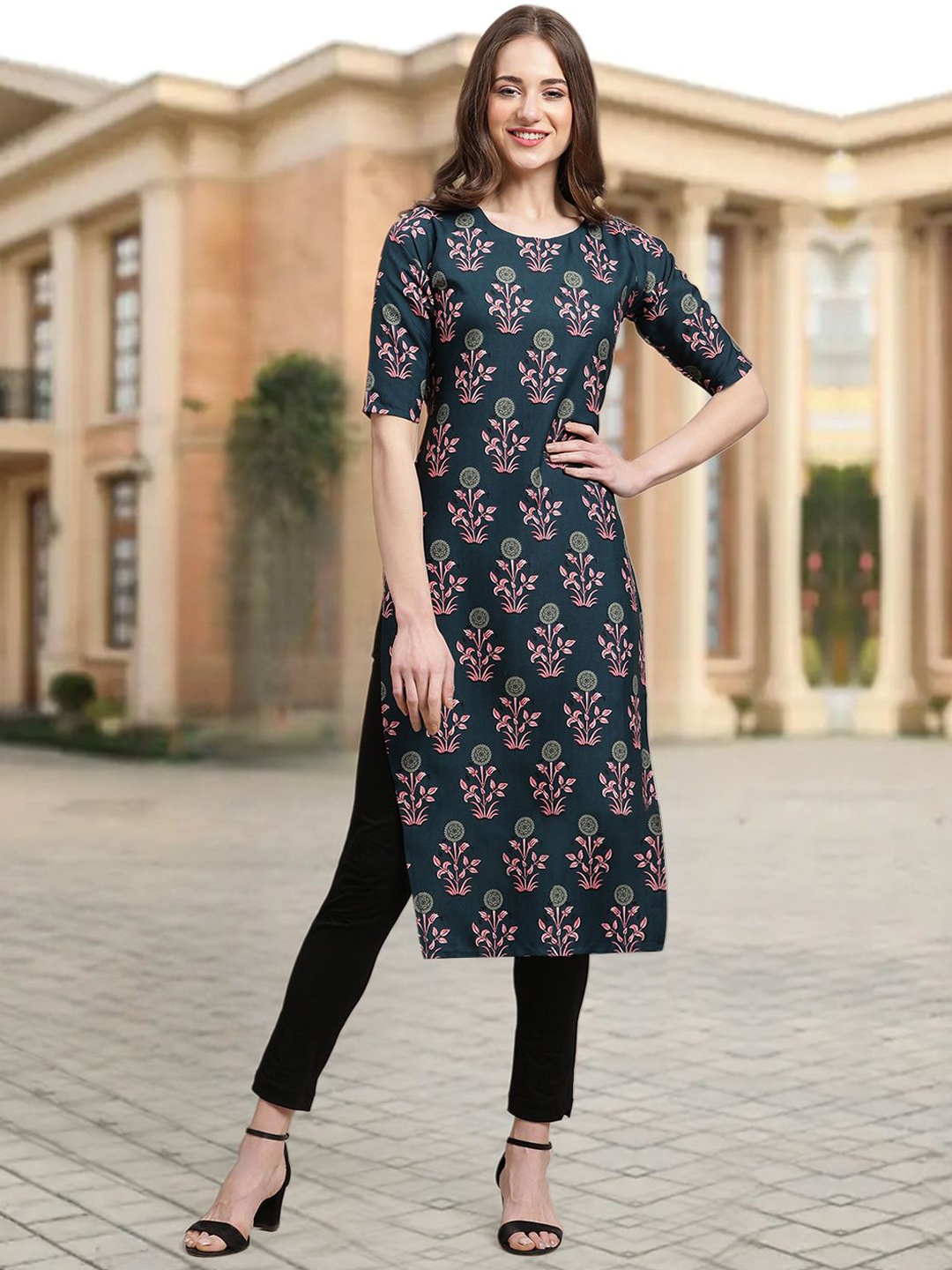 

7Threads Floral Printed Round Neck Straight Kurta, Blue