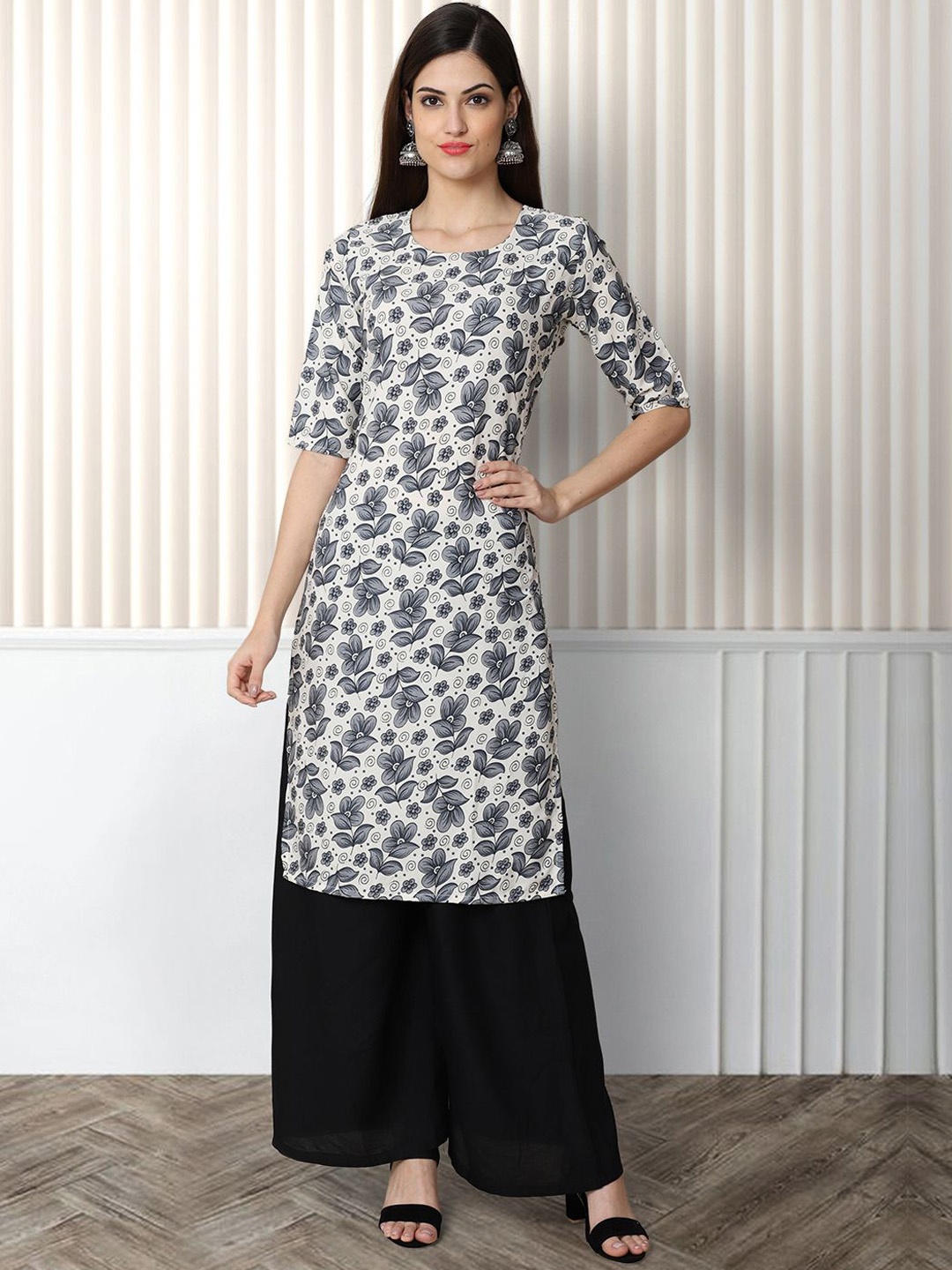 

Moda Rapido Floral Printed Round Neck Straight Kurta, Grey