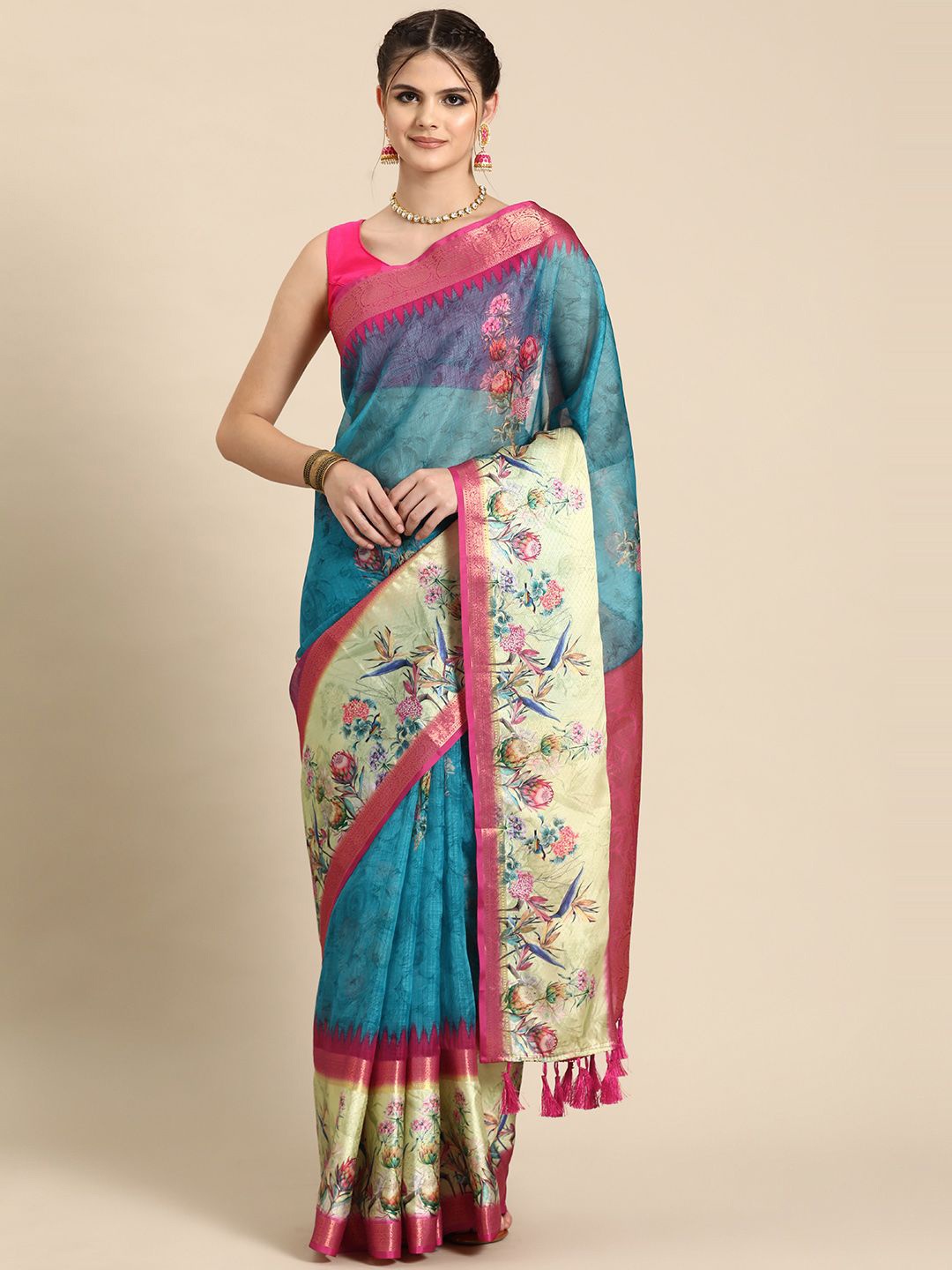 

DIVASTRI Soft Silk Digital Printed Zari Woven Kanjivaram Saree, Teal
