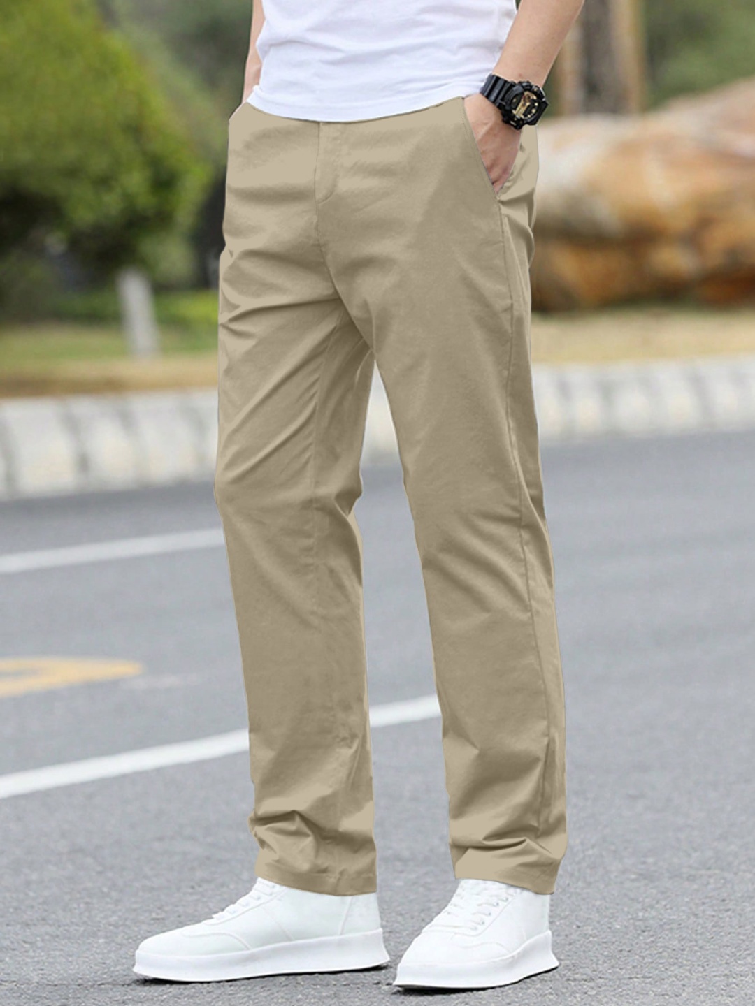 

AAHWAN Men Solid Loose Fit High-Rise Chinos Casual Trousers, Khaki