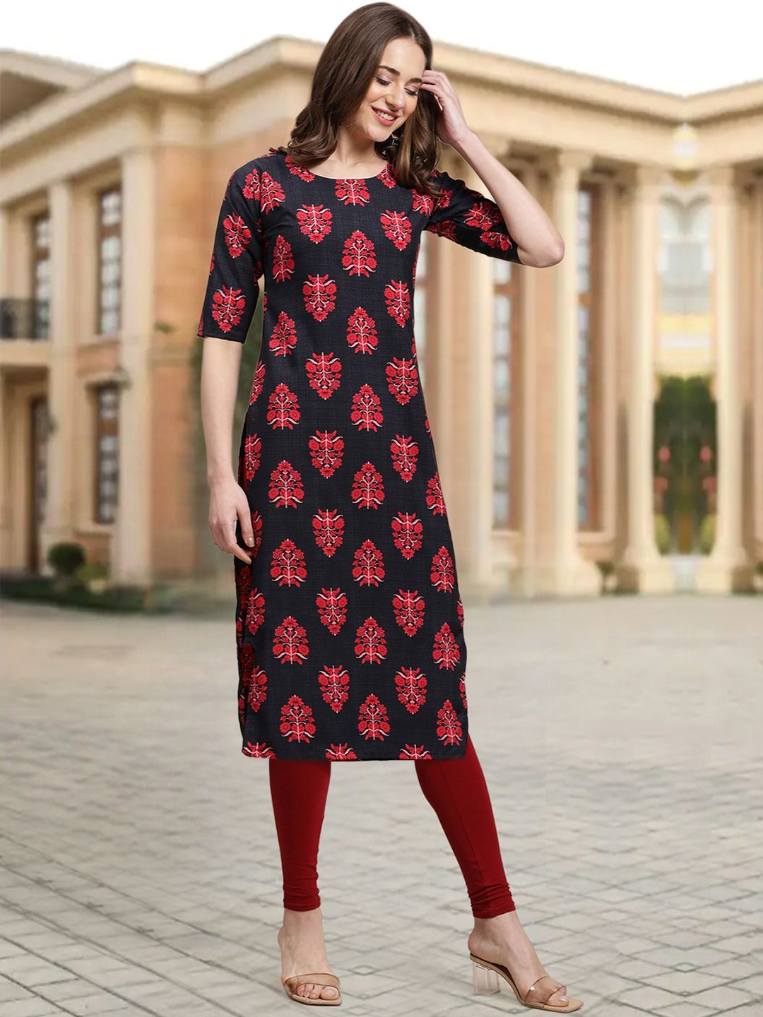 

7Threads Floral Printed Round Neck Straight Kurta, Navy blue