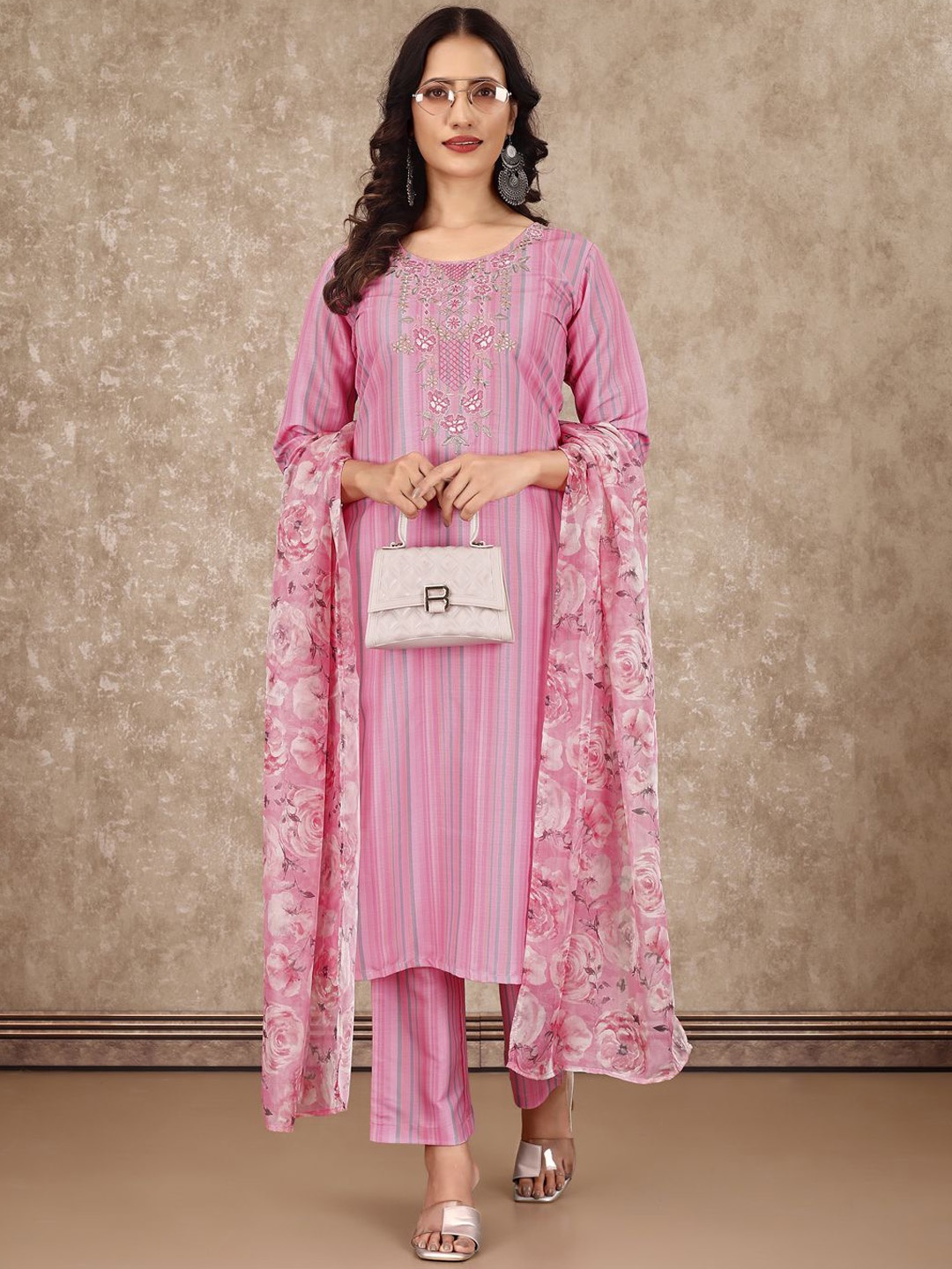 

VIRICA Women Embroidered Regular Kurta with Trousers & With Dupatta, Pink