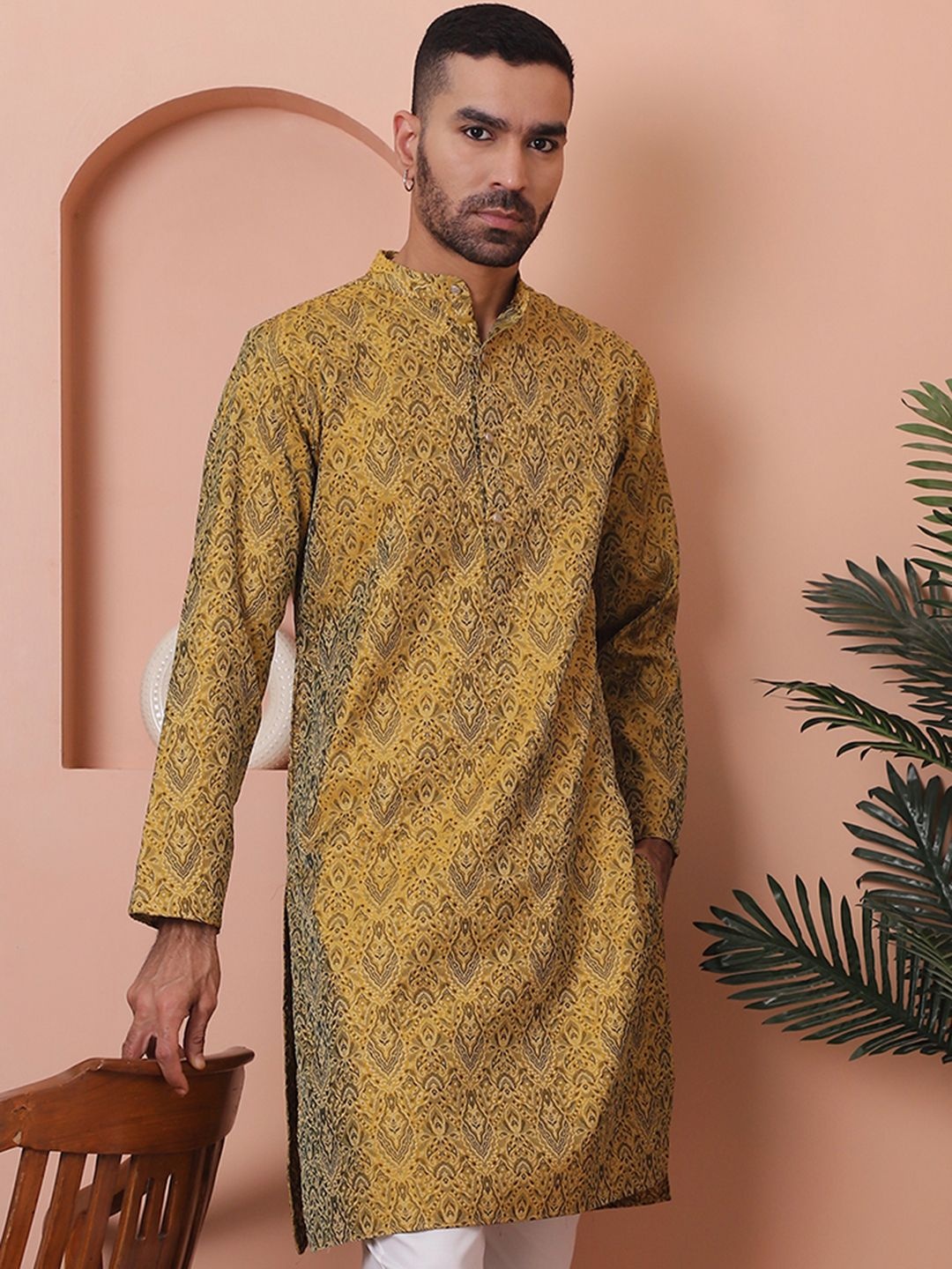 

Anouk Yellow & Black Ethnic Motifs Woven Design Band Collar Jacquard Straight Kurta