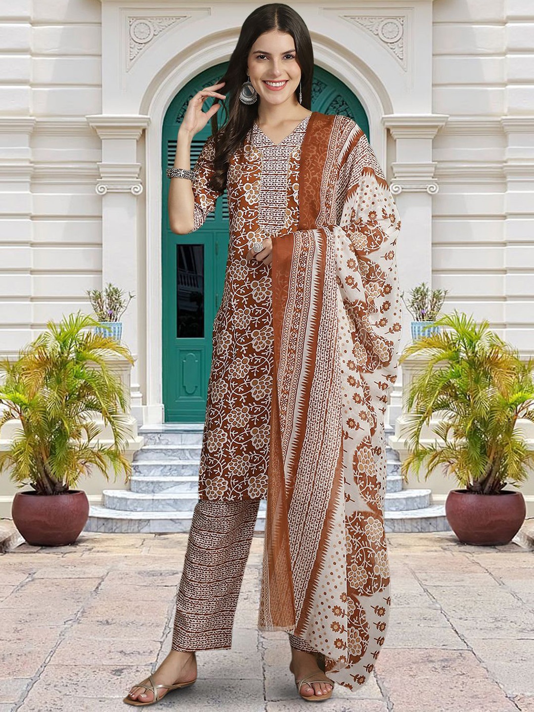 

Moda Rapido Floral Printed V-Neck Straight Kurta With Trouser And Dupatta, Brown