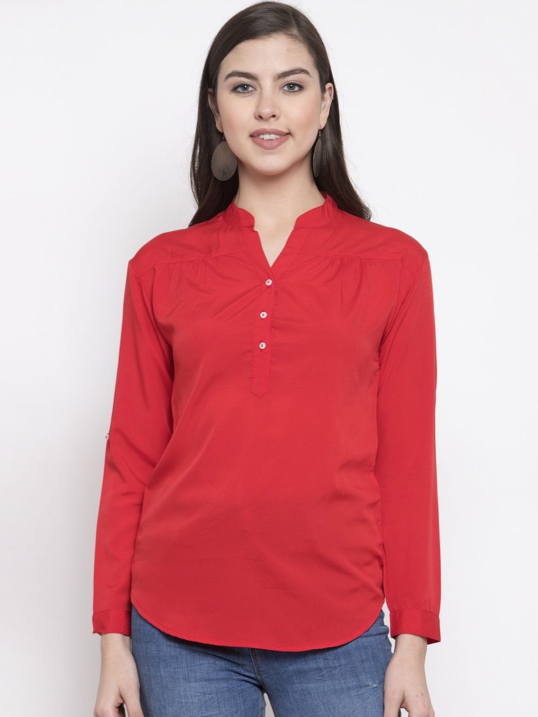 

Moda Rapido Women Mandarin Collar Cuffed Sleeves Shirt Style Top, Red