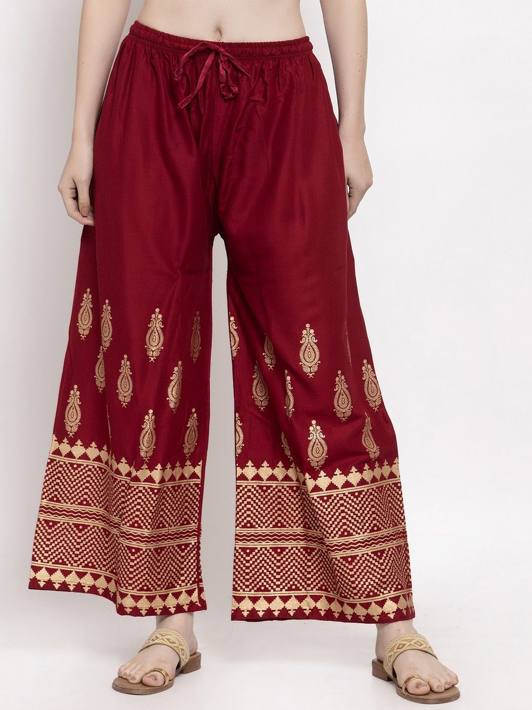 

STYLE PREZONE Women Ethnic Motifs Printed Relaxed Trousers, Maroon