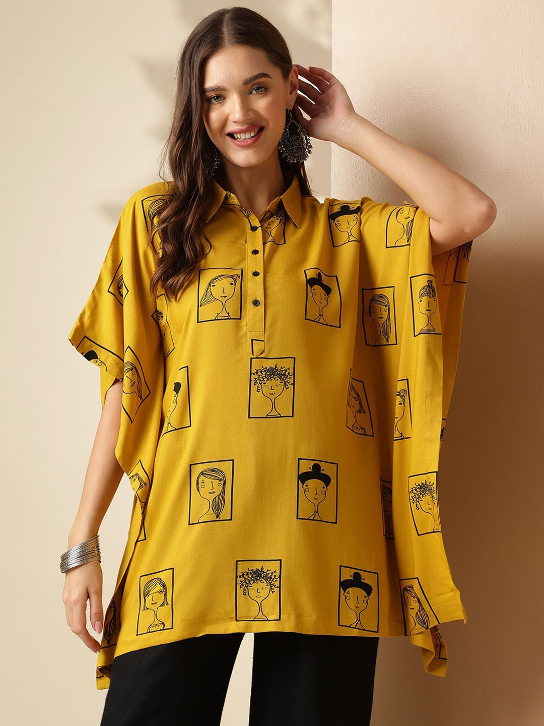 

Anouk Women Flared Sleeves Thread Work Kaftan Kurta, Mustard