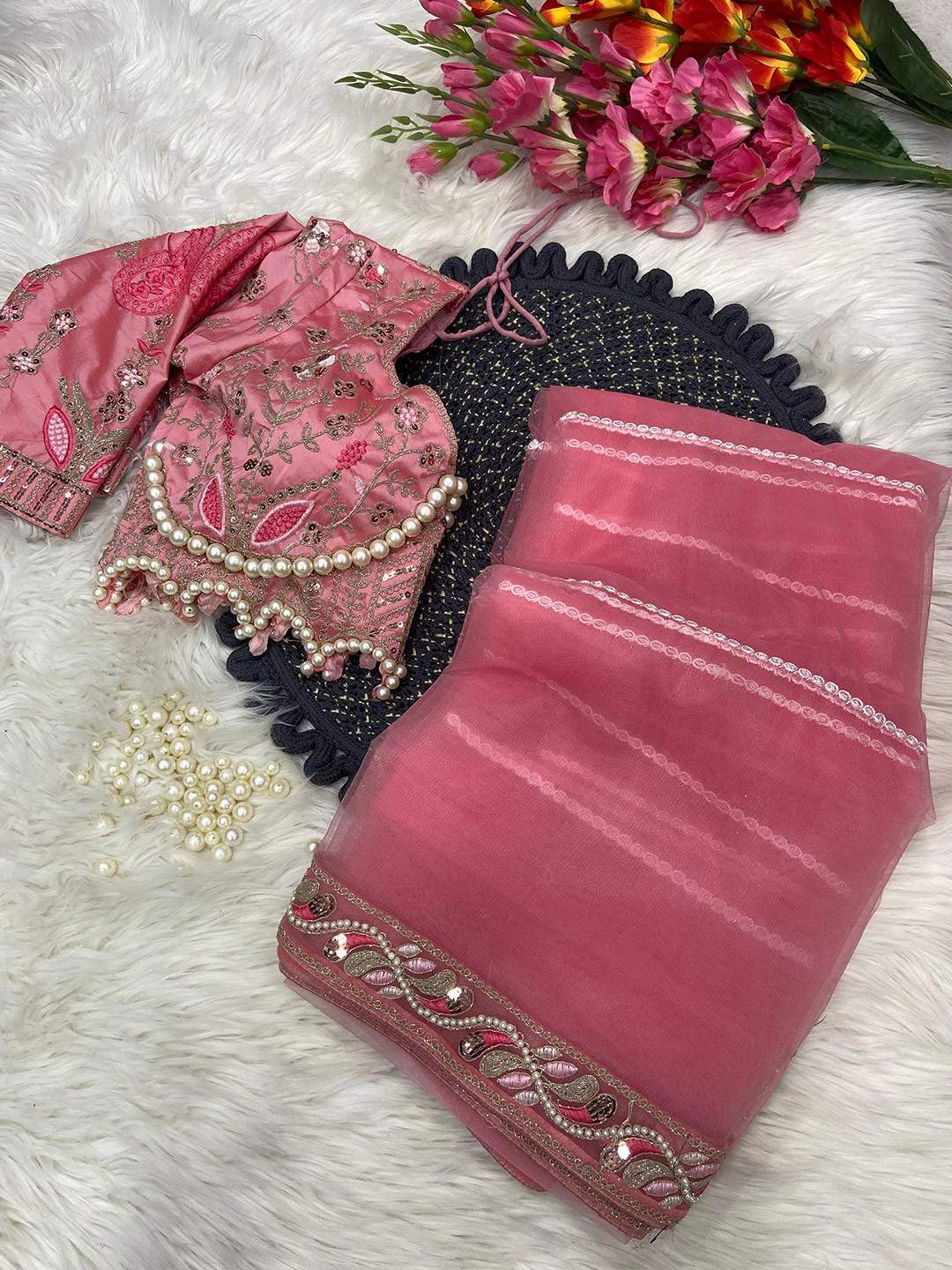 

GRISHU COLLECTION Embellished Beads and Stones Net Saree, Pink