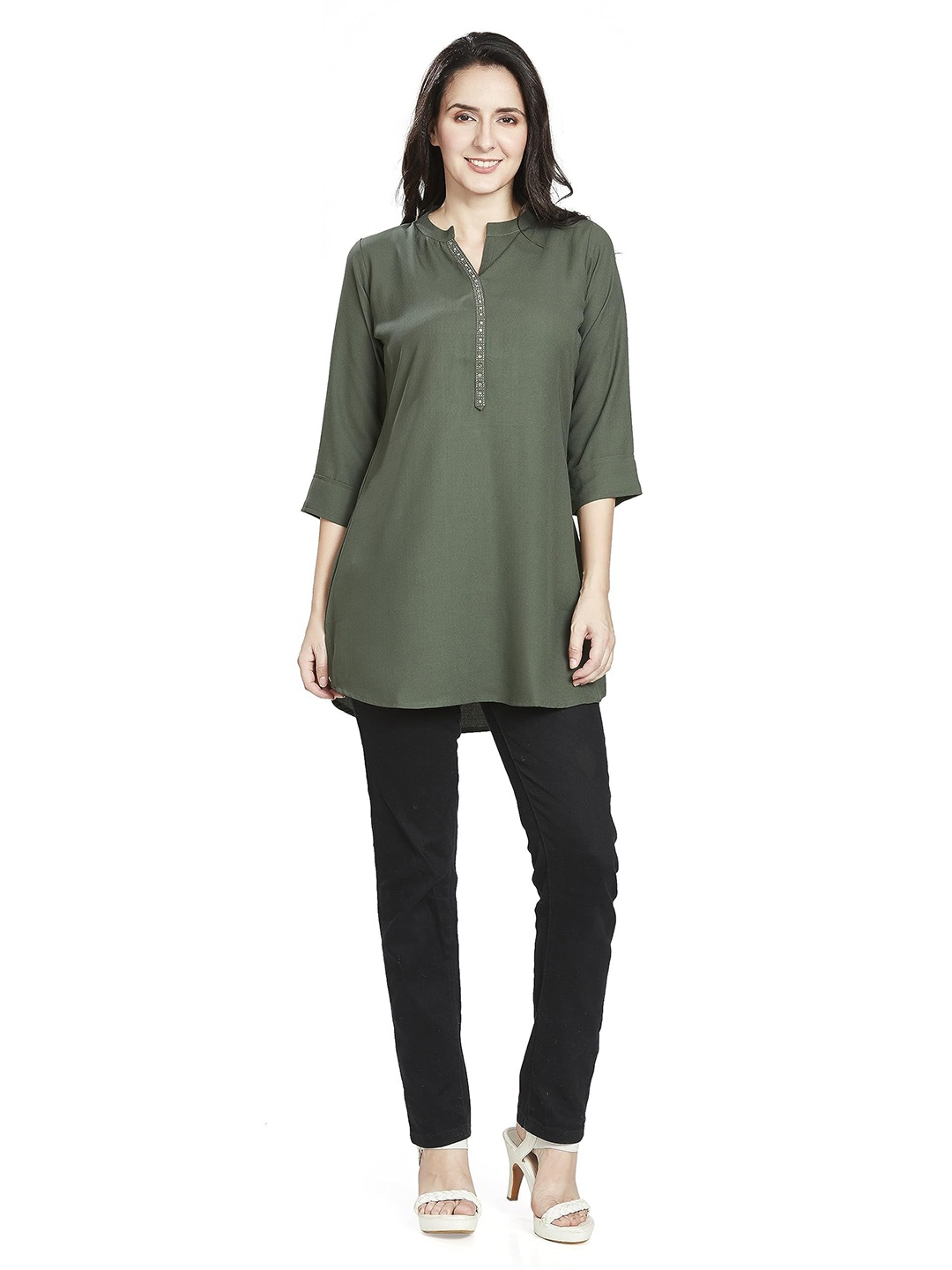 

Nioni Mandarin Collar Embellished Tunic, Olive