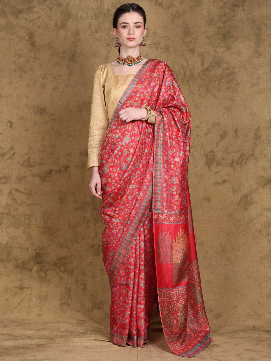 

Exotic India Kani Saree with Printed Multicolor Floral Paisley Vines, Red