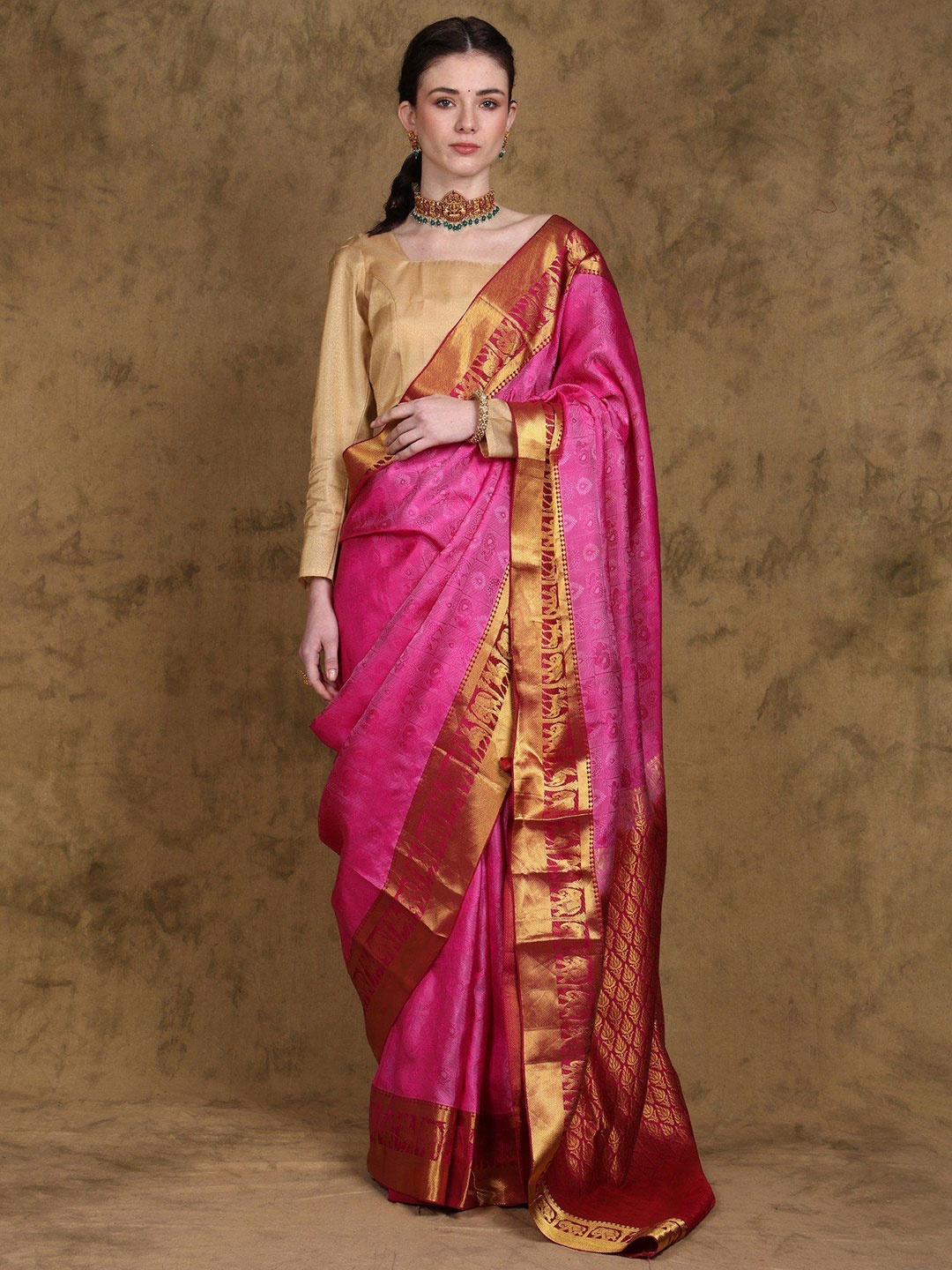 

Exotic India Birds and Animals Woven Pure Silk Saree with Zari work Border, Pink