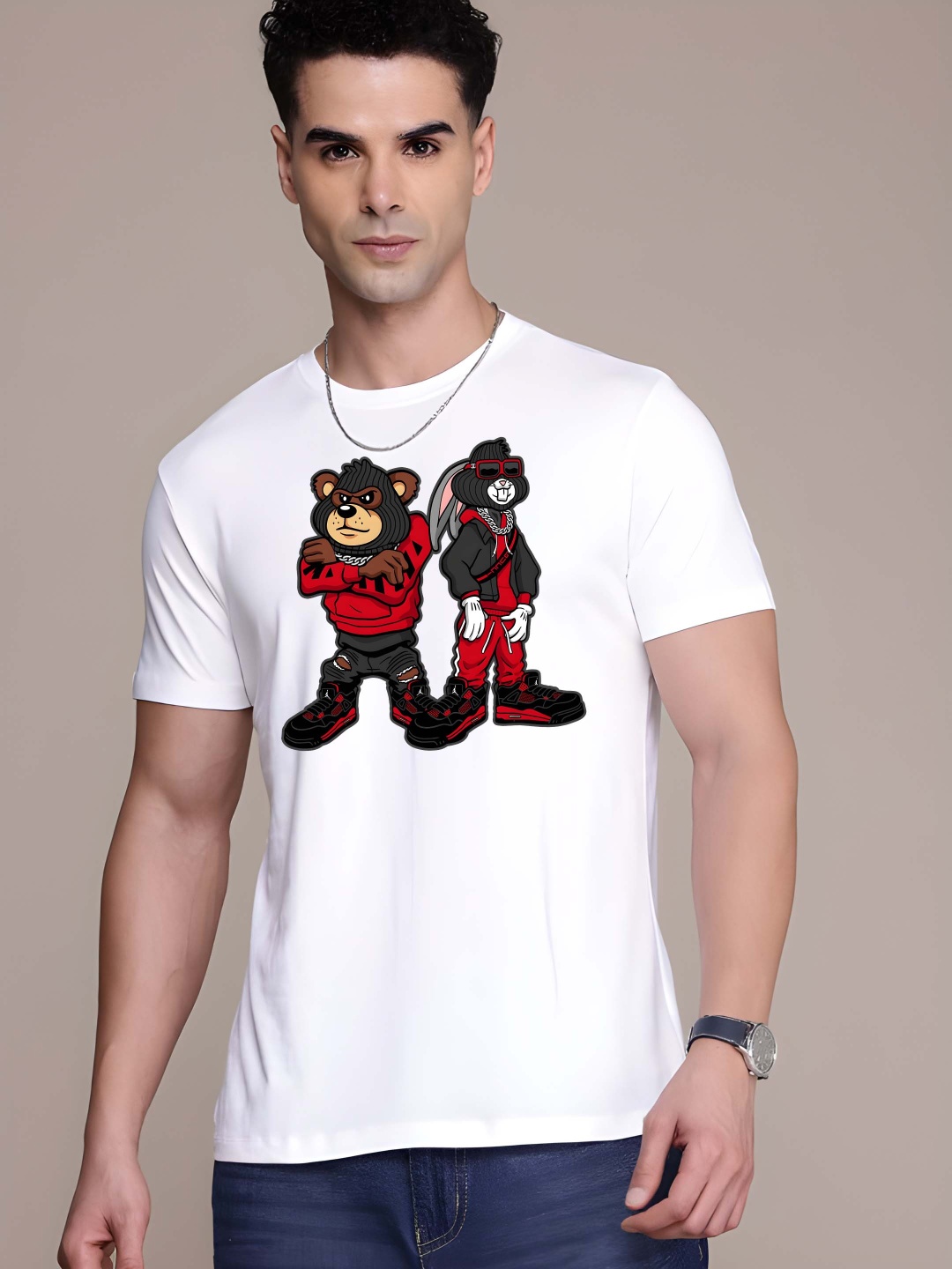 

Krimmple Men Graphic Printed Round Neck Cotton T-shirt, White