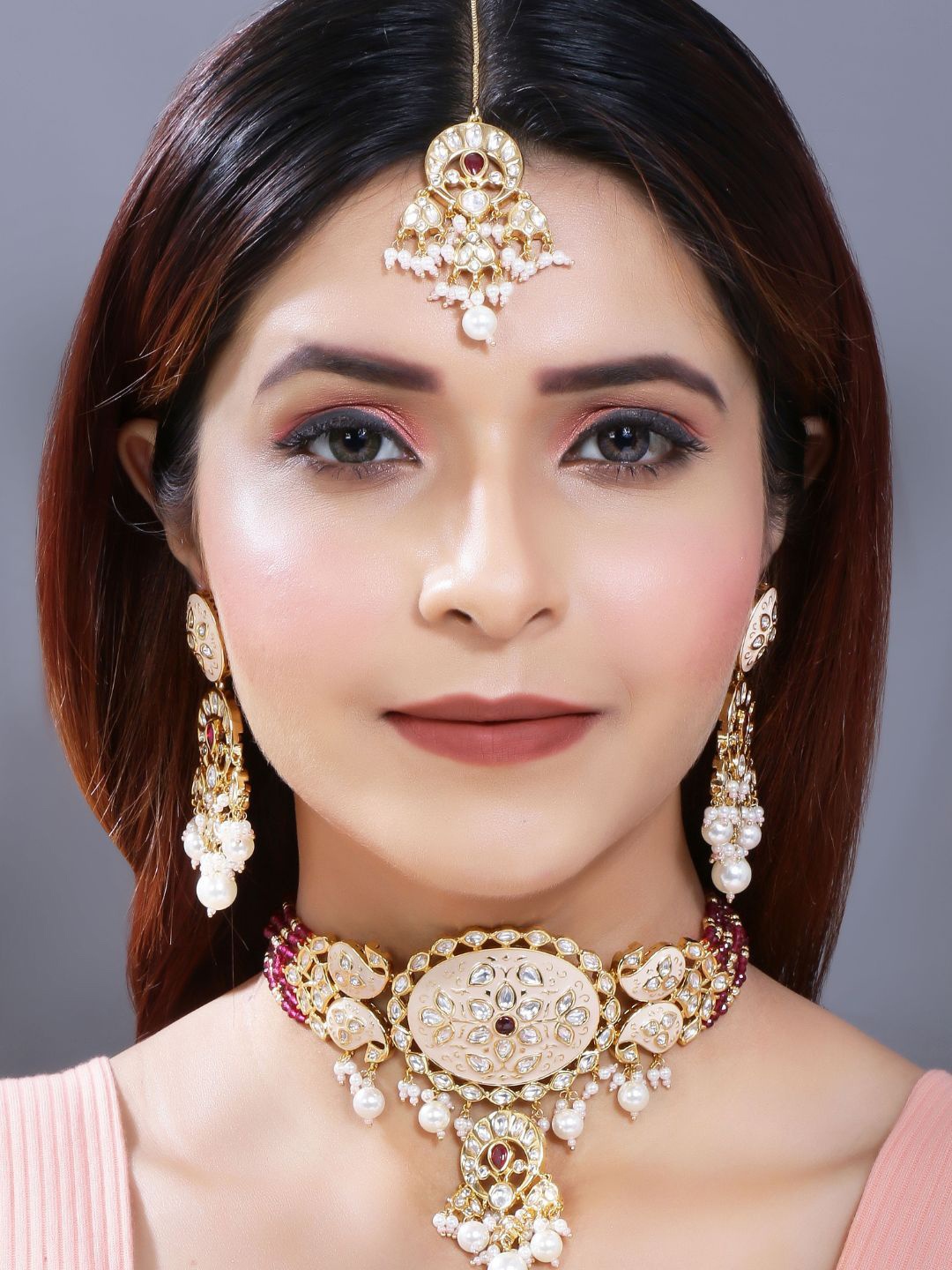 

I Jewels 24K Gold Plated Artificial Stone Studded & Beaded Antique Jewellery Set