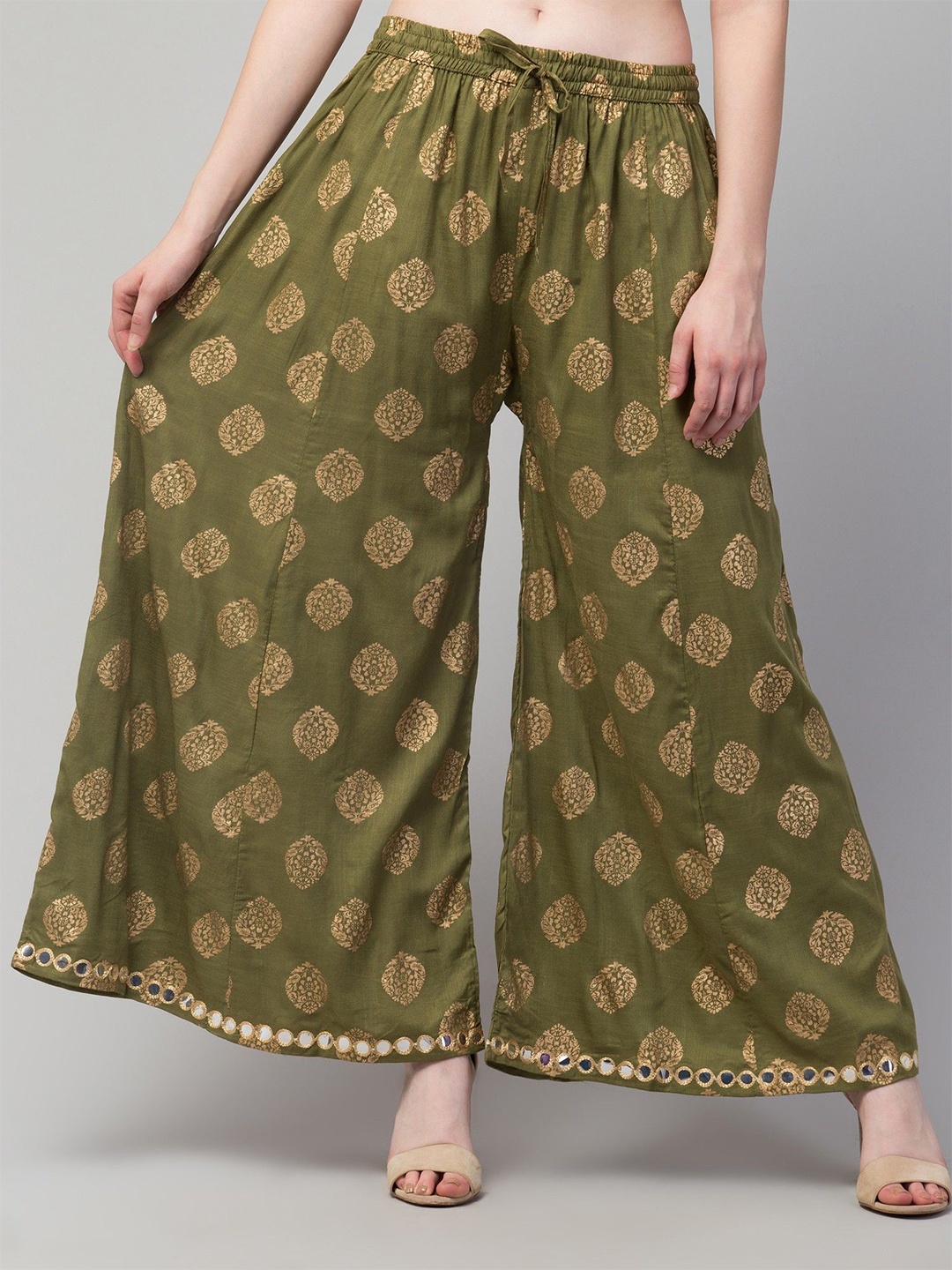 

FAMBEE Women Floral Printed Flared Knitted Palazzos, Green