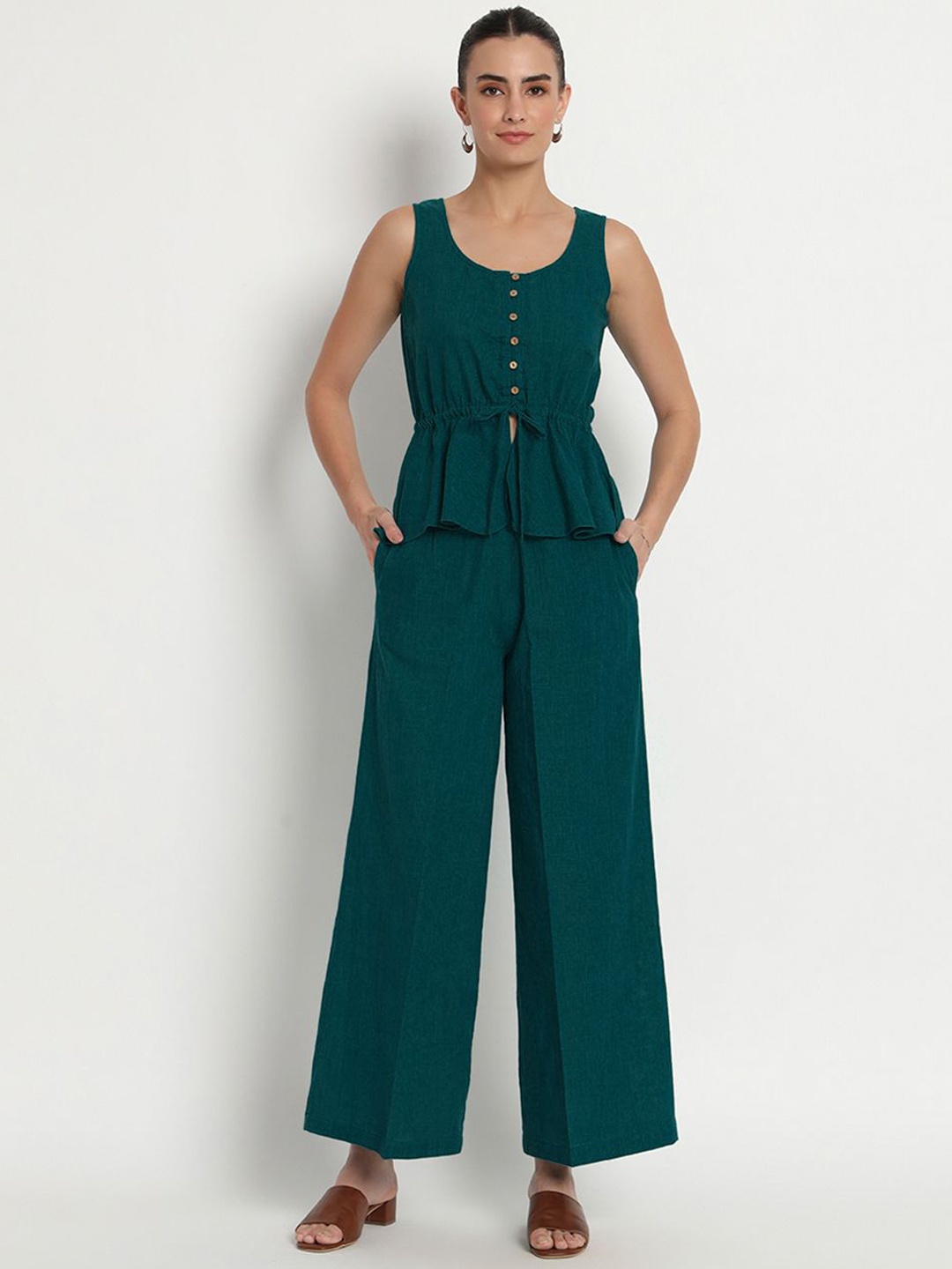 

Thevasa Scoop Neck Sleeveless Pure Cotton Peplum Top With Palazzos, Teal