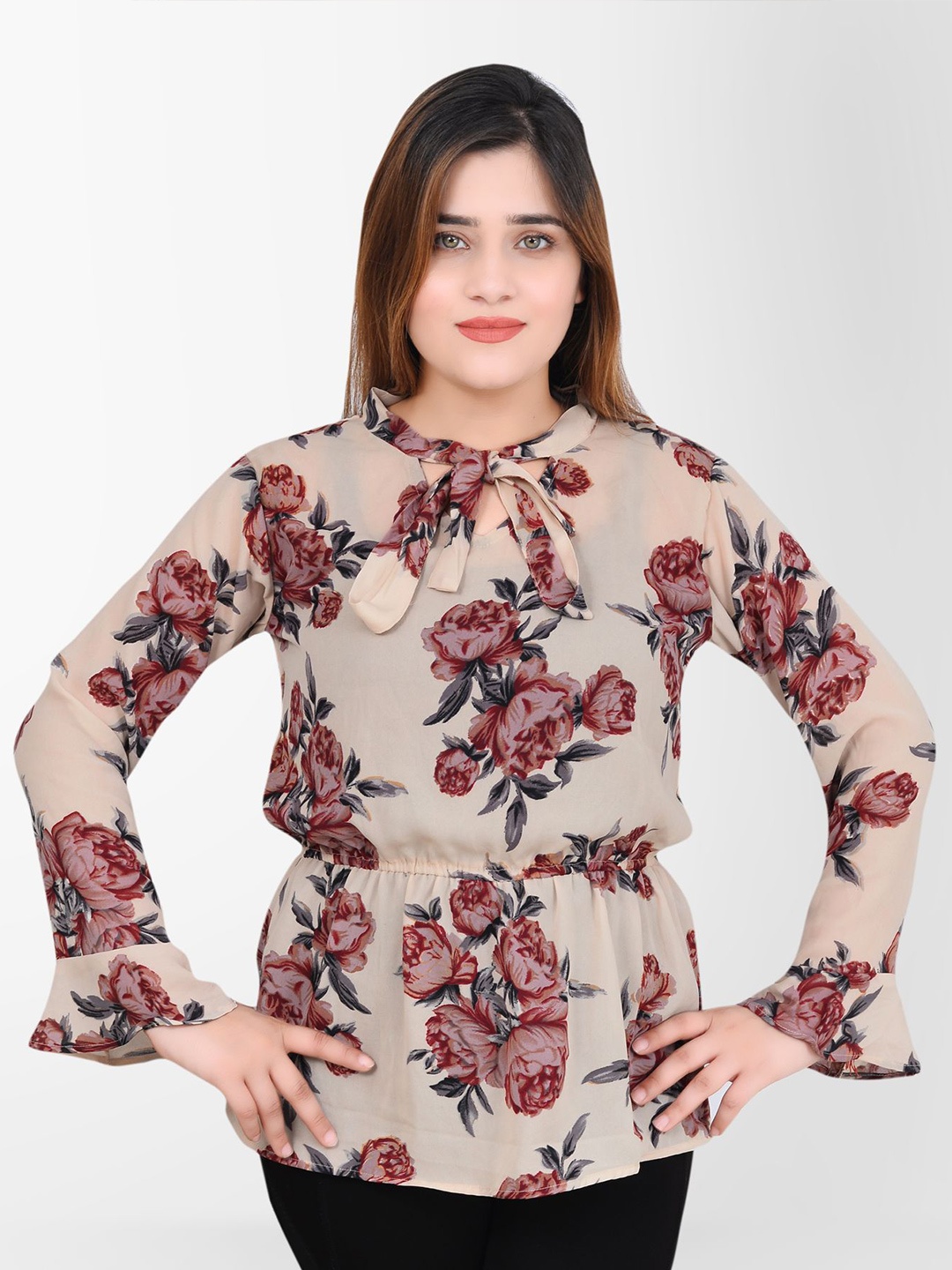 

DELIS Women Floral Printed Tie-Up Neck Extended Sleeves Georgette Cinched Waist Top, Beige