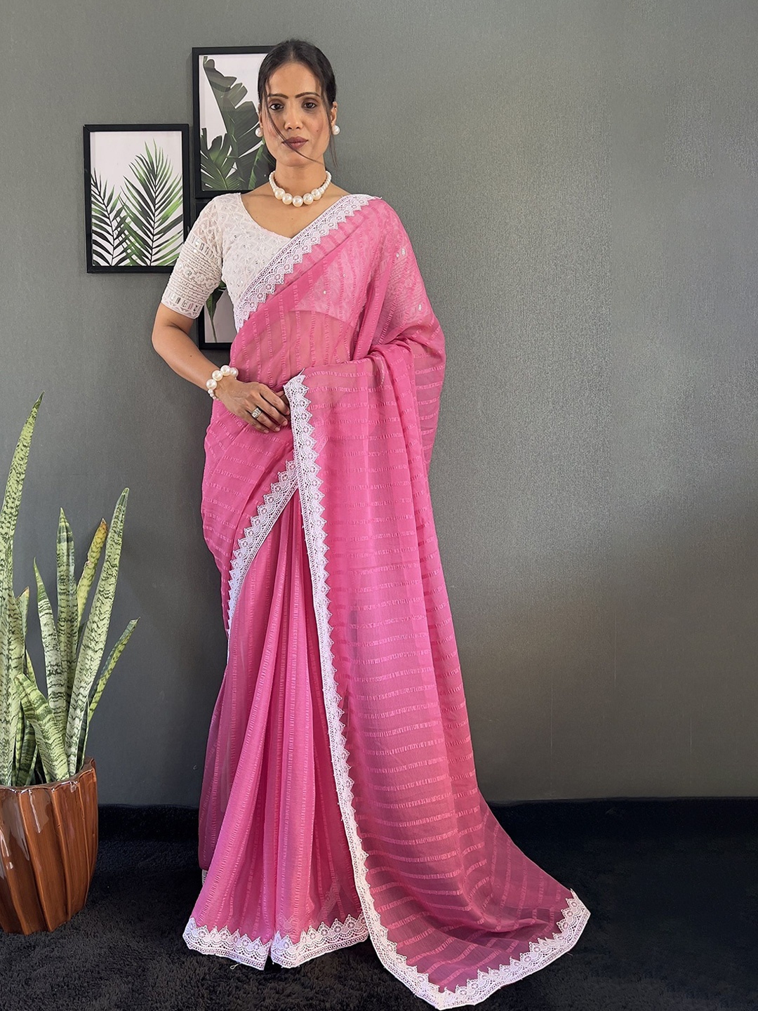 

A TO Z CART Striped Pure Chiffon Saree, Pink