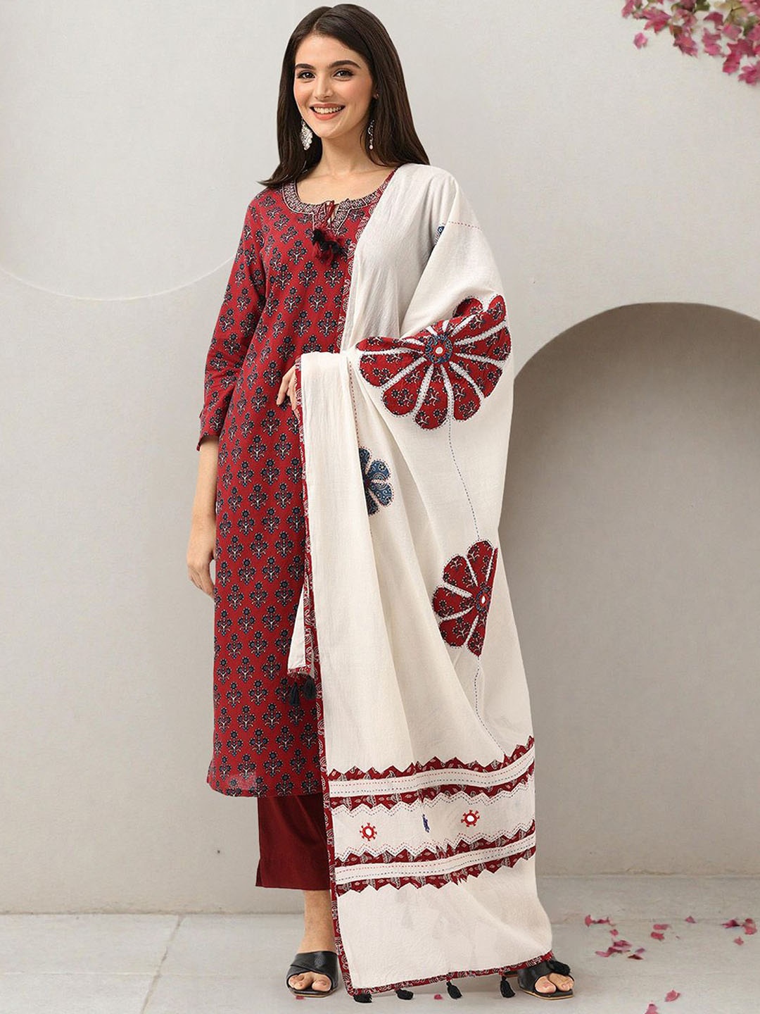 

Ishin Applique Embroidered Pure Cotton Straight Kurta with Trouser & Dupatta, Maroon