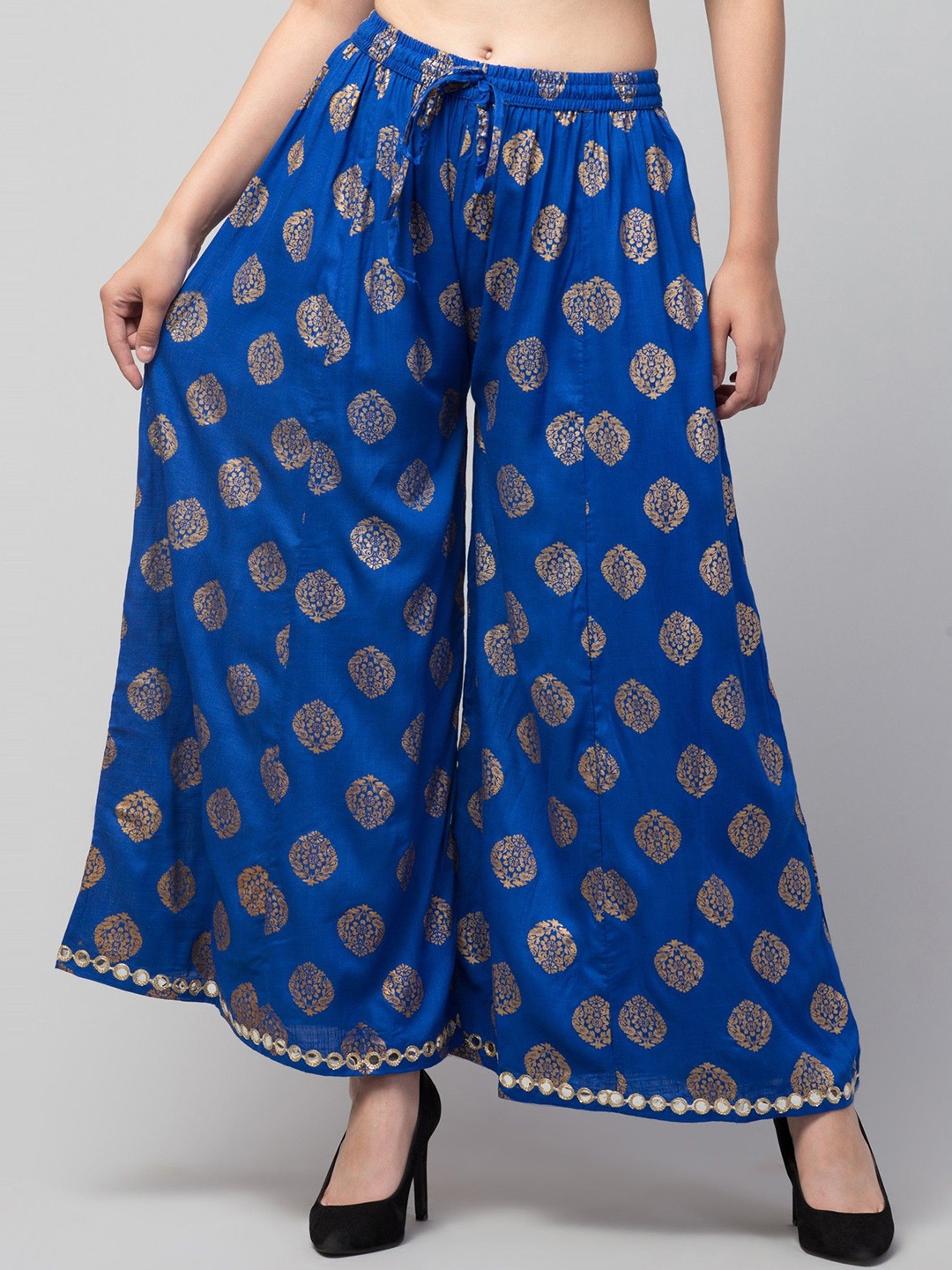 

FAMBEE Women Floral Printed Flared Knitted Ethnic Palazzos, Blue