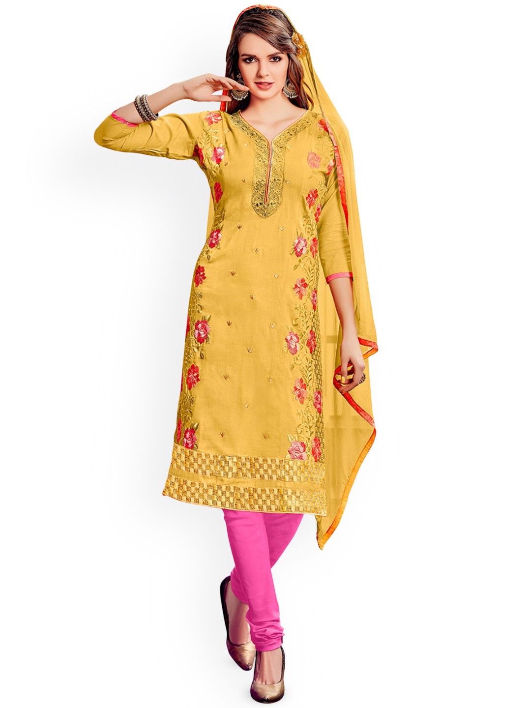 

HERE&NOW Floral Embroidered Cotton Unstitched Dress Material, Yellow