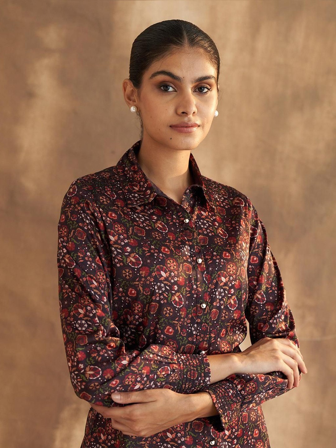 

Lakshita Women Classic Fit Spread Collar Ethnic Motifs Printed Satin Casual Shirt, Purple