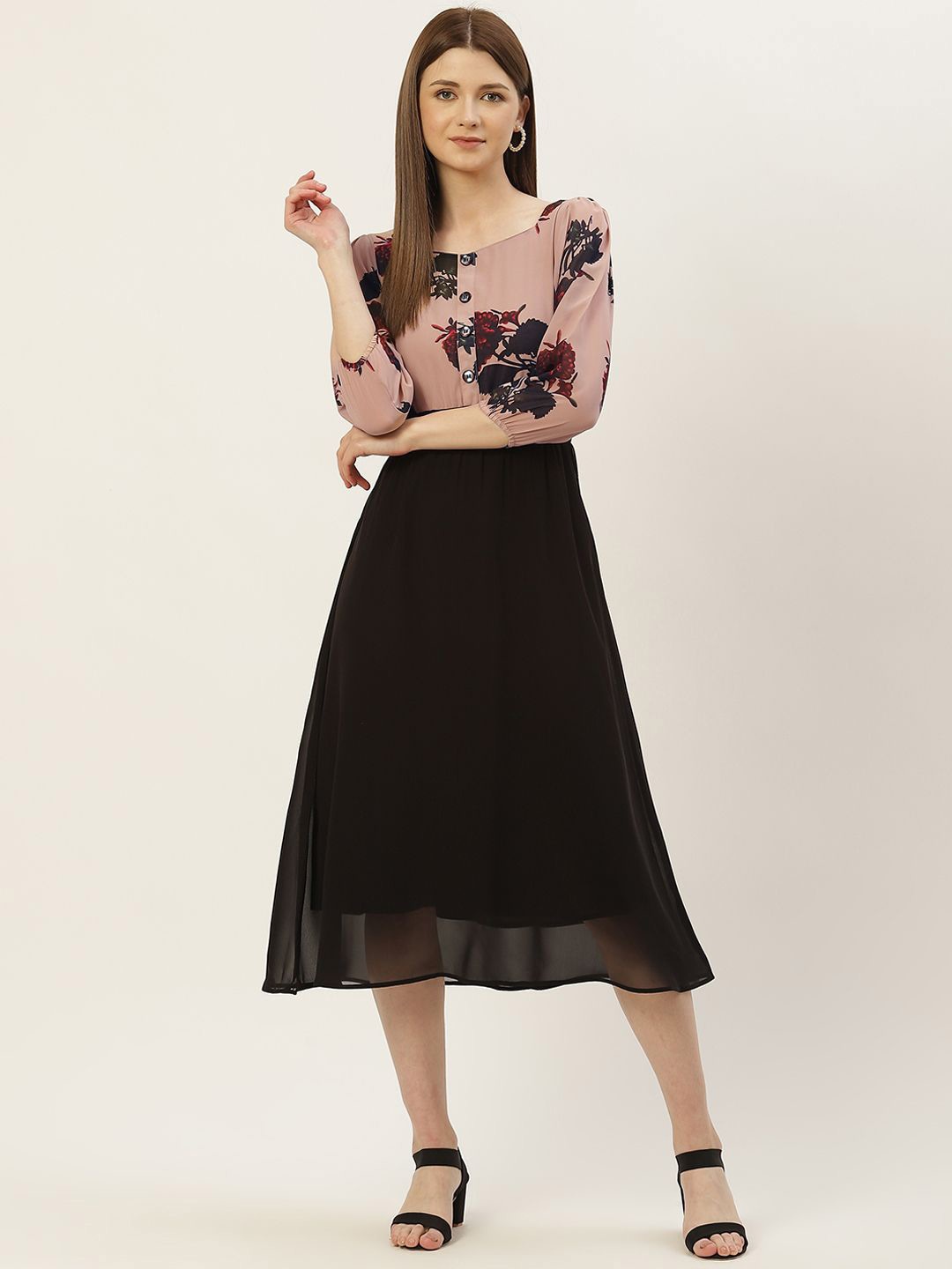 

Moda Rapido Floral Print Flared Sleeve Georgette A-Line Dress, Multi