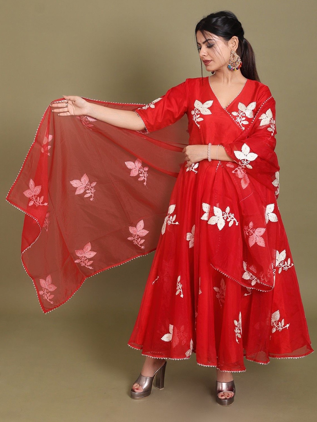 

DRESENCE Floral Embroidered Angrakha Organza Anarkali Kurta with Trousers & Dupatta, Red