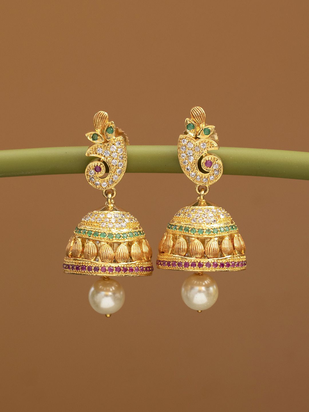 

Peora Gold-Plated Artificial Stones Studded Pearls Beaded Contemporary Jhumkas Earrings