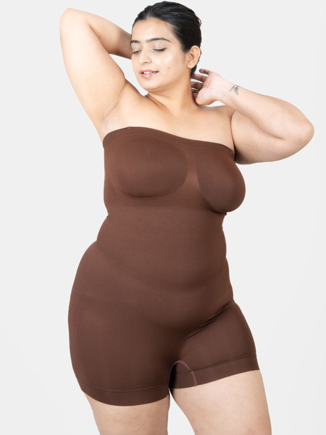 

Shapercult Women Plus Size Strapless Mid Thigh Bodysuit - Body Shaper, Brown