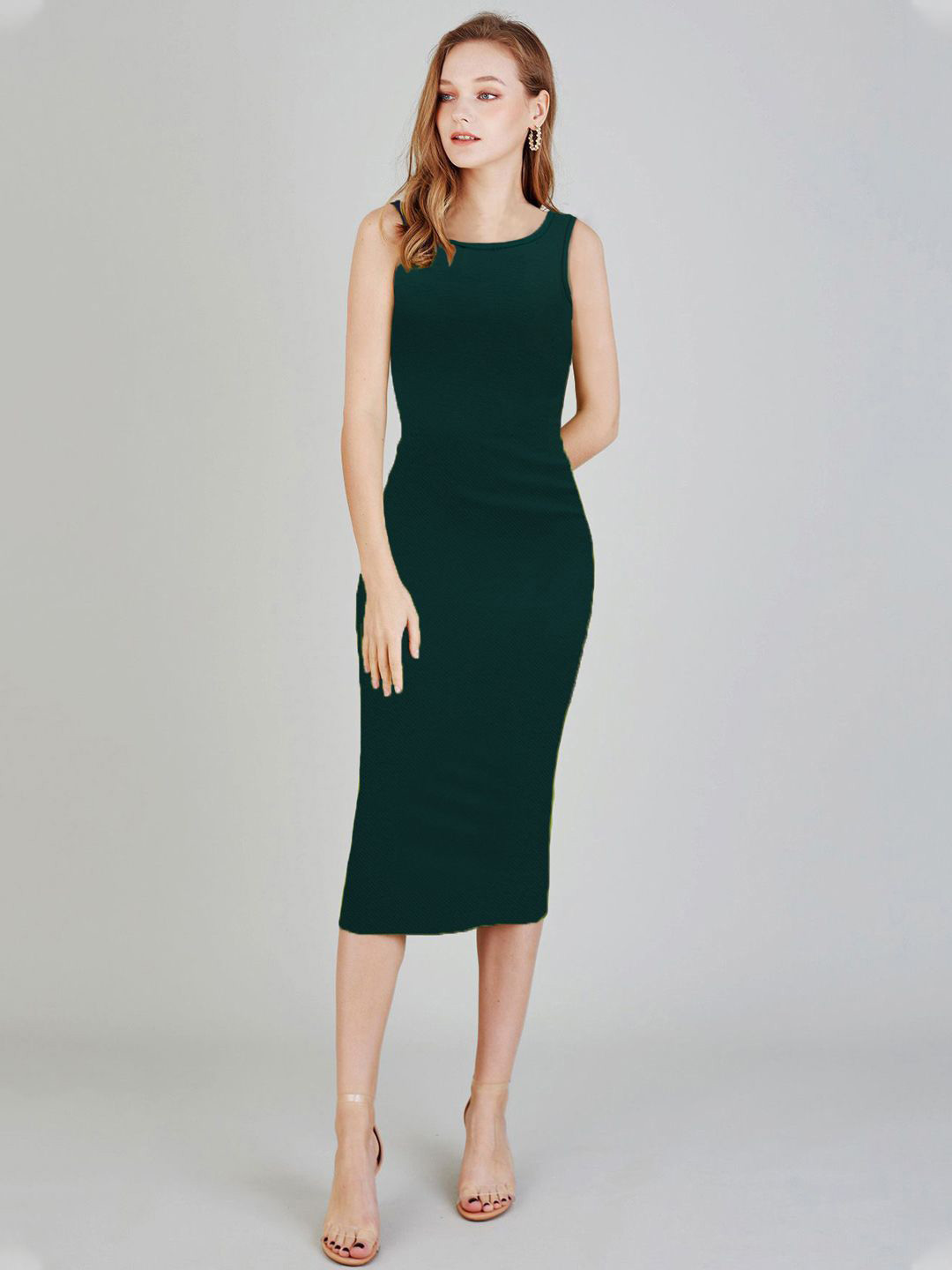 

KERI PERRY Plain Straight Fit Partywear Bodycon Midi Dress, Green