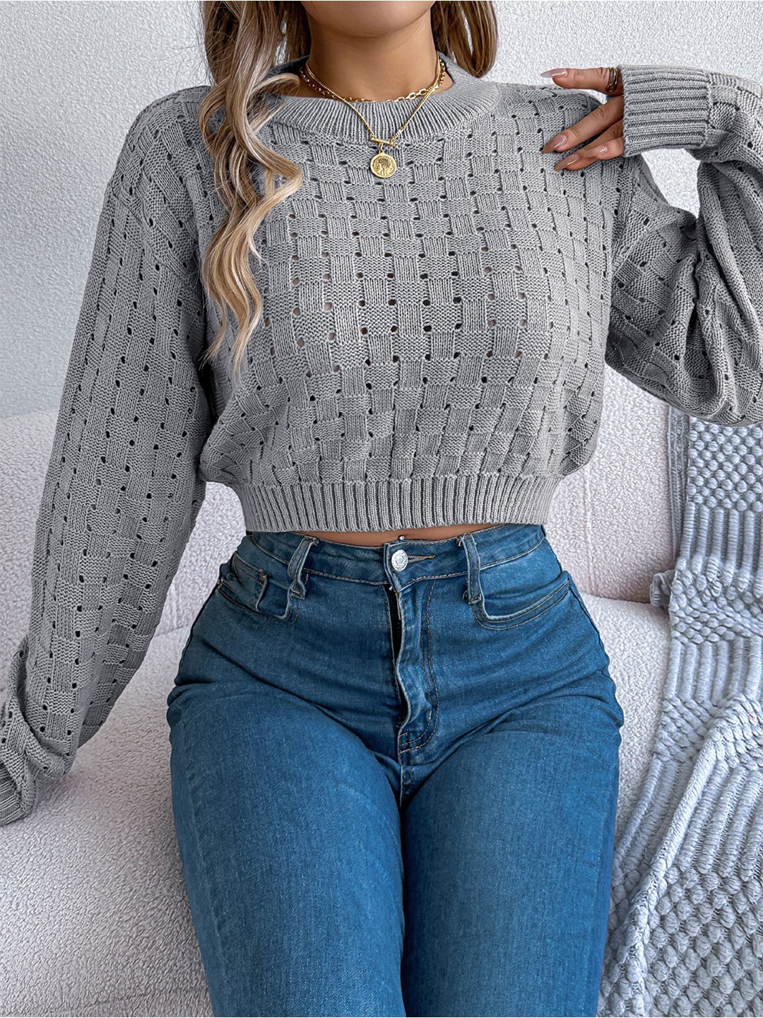 

StyleCast x Revolte Women Cable Knit Crop Pullover, Grey