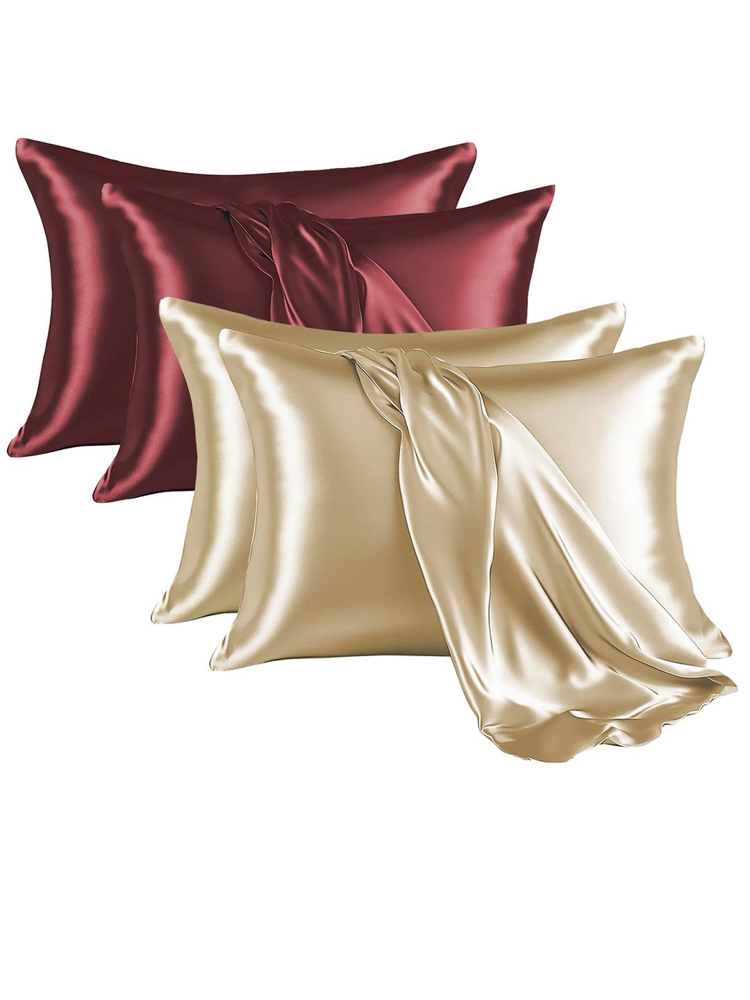 

Kuber Industries Beige & Maroon 4 Pieces Silk Rectangle Pillow Covers with 3 Scrunchies