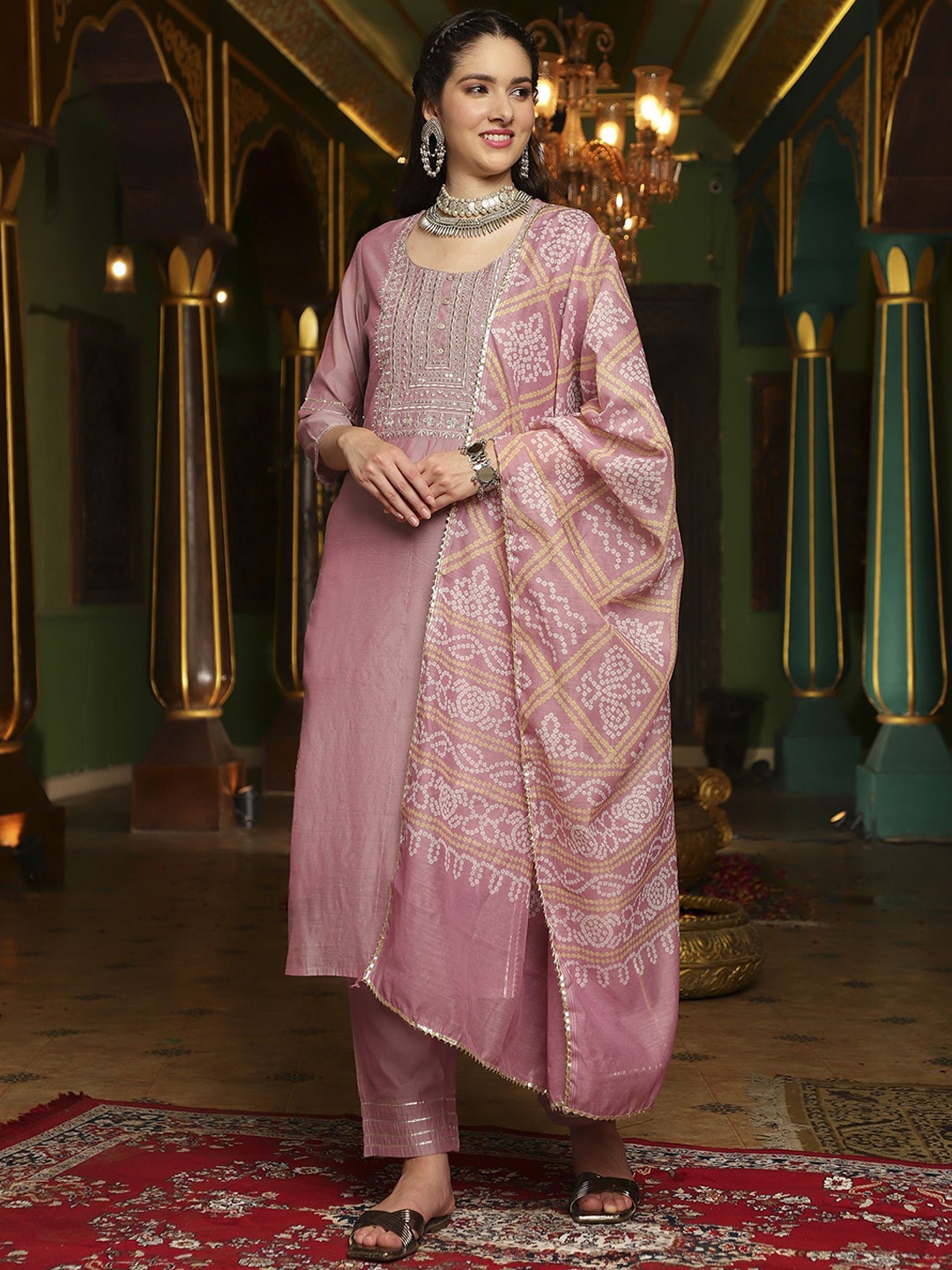 

Sangria Mauve Floral Embroidered Round Neck Straight Kurta With Trouser & Dupatta