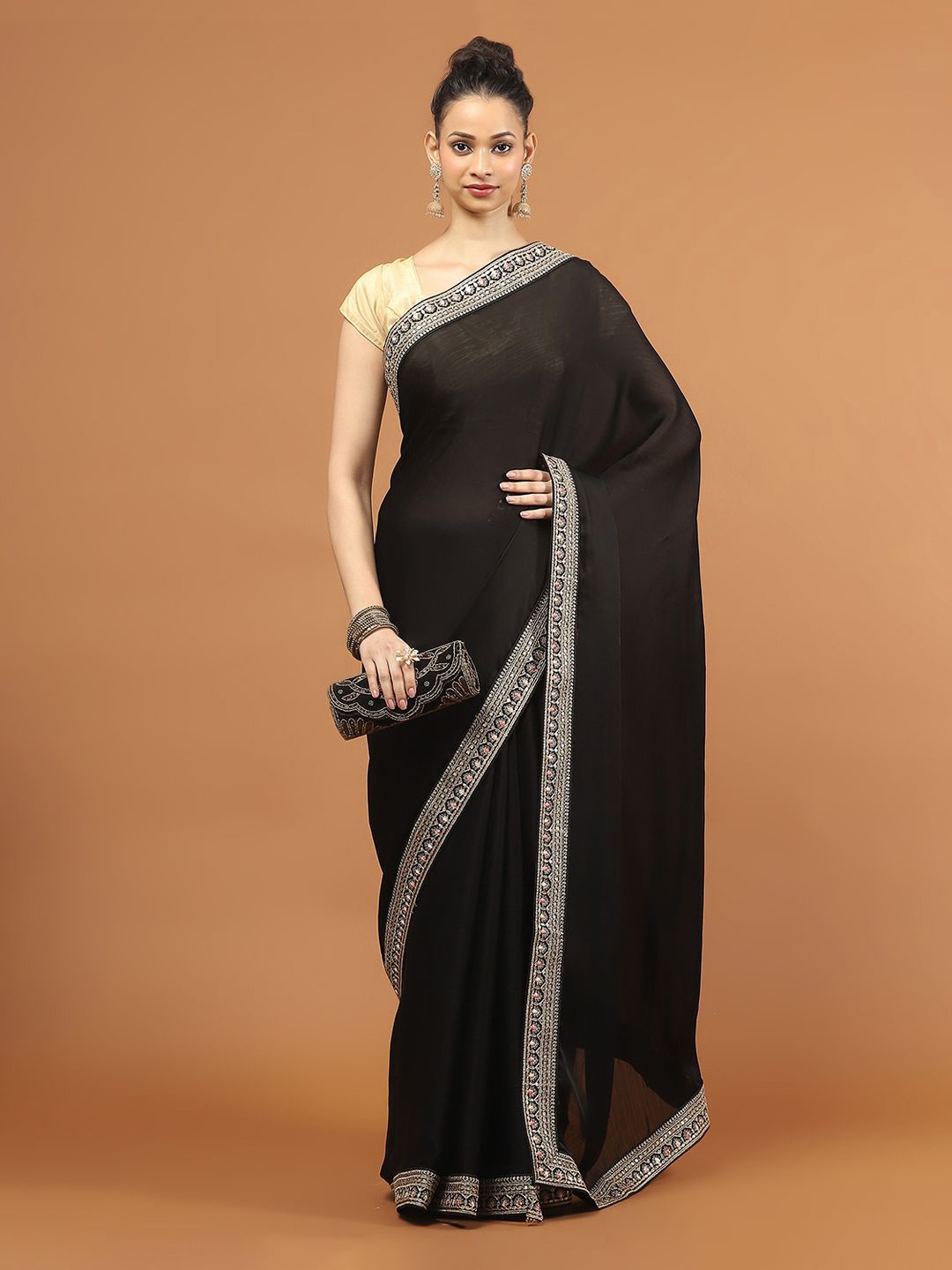 

Meena Bazaar Embroidered Saree with Blouse Piece, Black