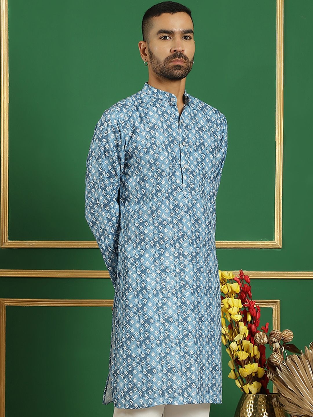 

Anouk Blue & White Geometric Printed Band Collar Pure Cotton Straight Kurta