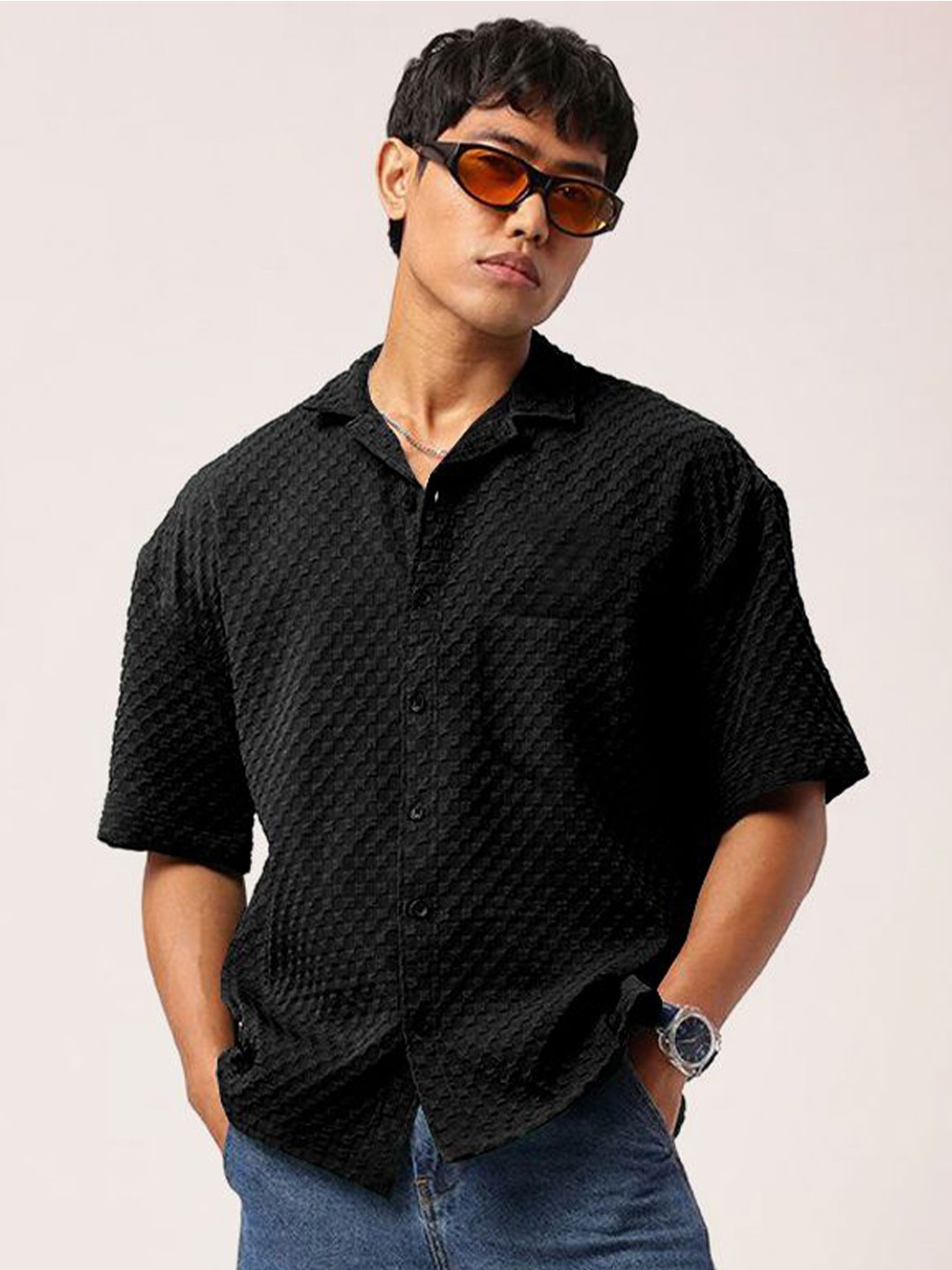

SZN Men Standard Relaxed Fit Cuban Collar Textured Casual Shirt, Black