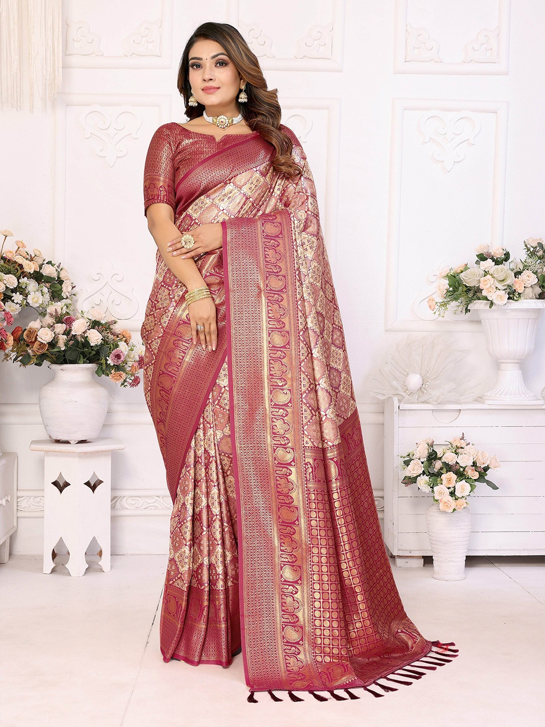 

Vintro Woven Design Zari Pure Silk Banarasi Saree, Maroon