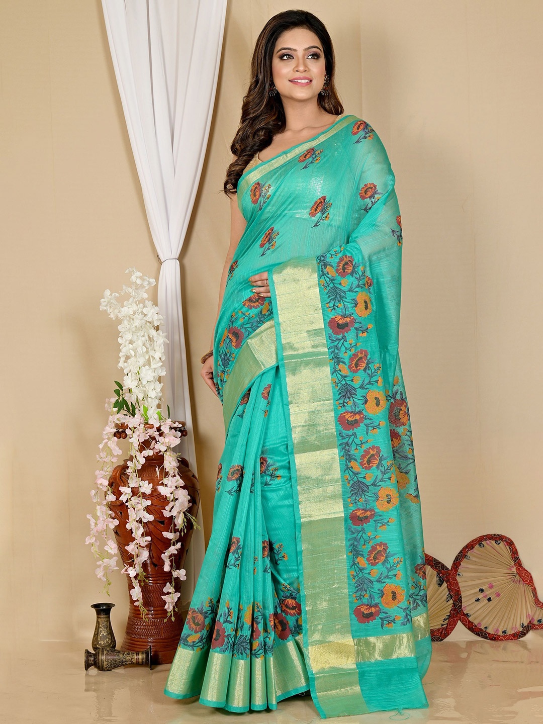 

PuJoy Woven Design Zari Pure Cotton Taant Saree, Green