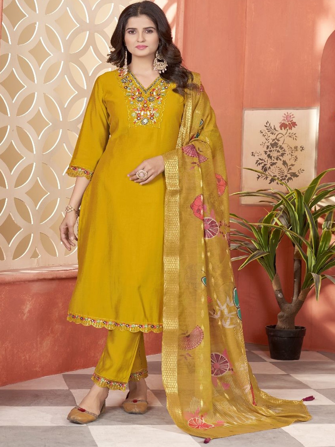 

VARNI FABRICS Floral Yoke Design V-Neck Thread Work Straight Kurta With Trousers & Dupatta, Mustard
