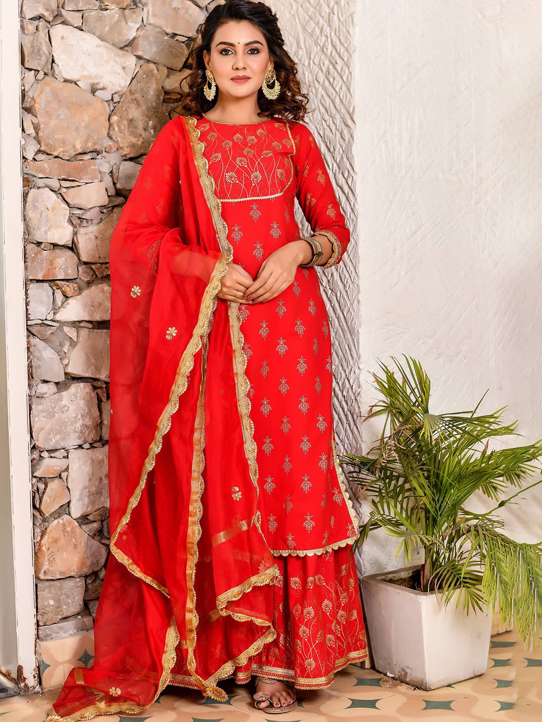 

Anastay Clothing Floral Printed Round Neck Gotta Patti Straight Kurta & Sharara & Dupatta, Red
