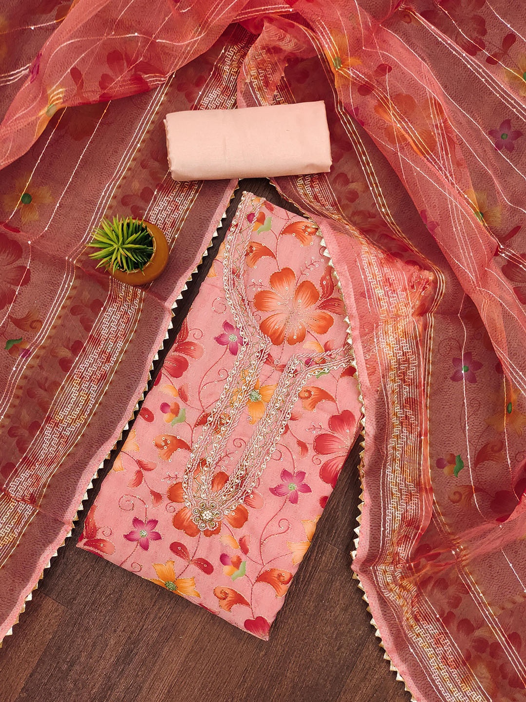 

SHADOW & SAINING Embroidered Organza Unstitched Dress Material, Peach