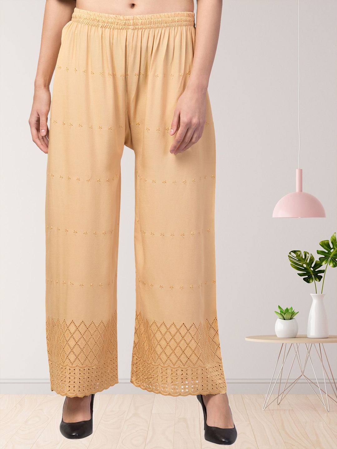 

FAMBEE Women Printed Flared Knitted Palazzos, Beige