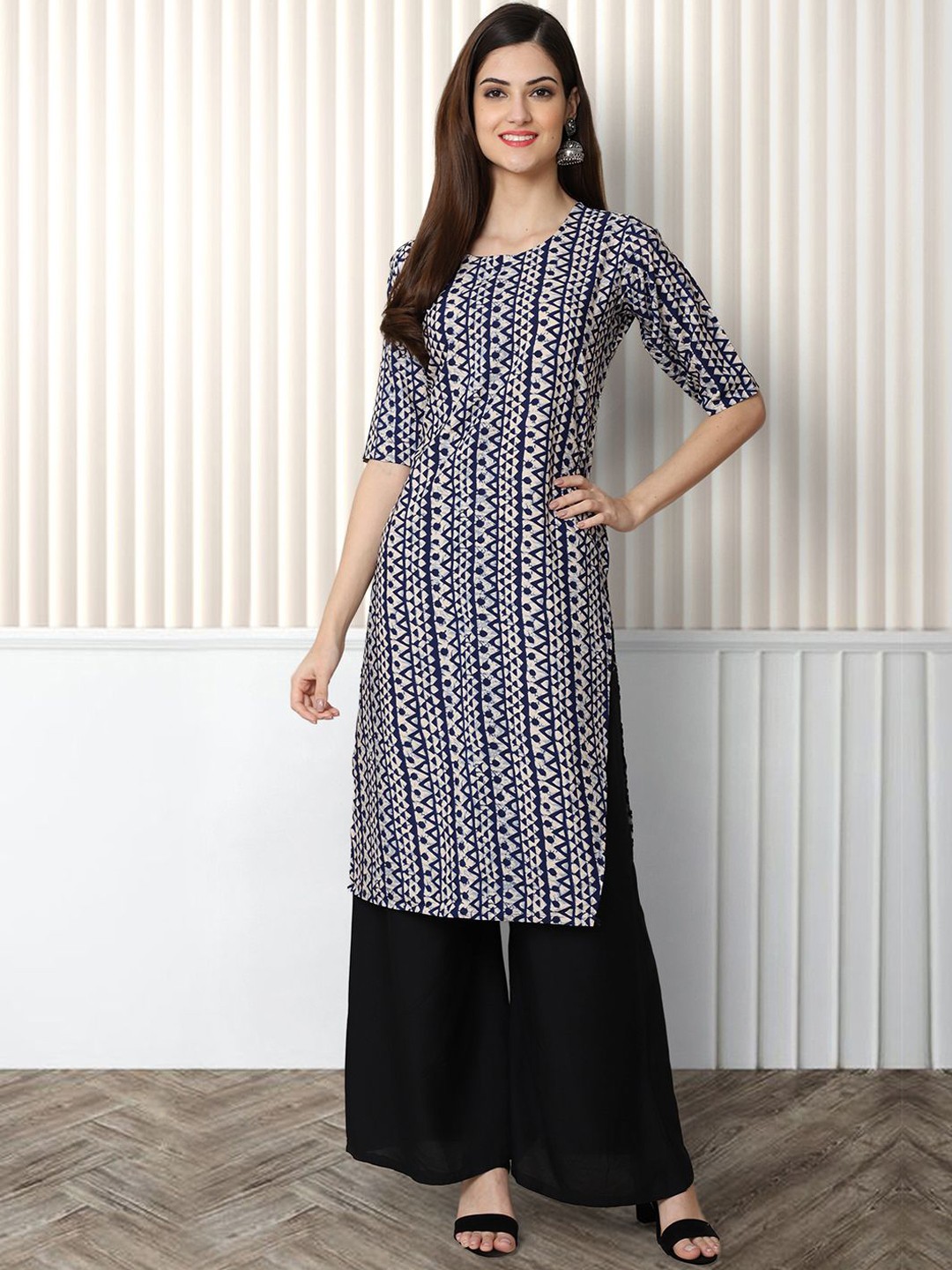 

Moda Rapido Geometric Printed Round-Neck Straight Kurtas, Navy blue
