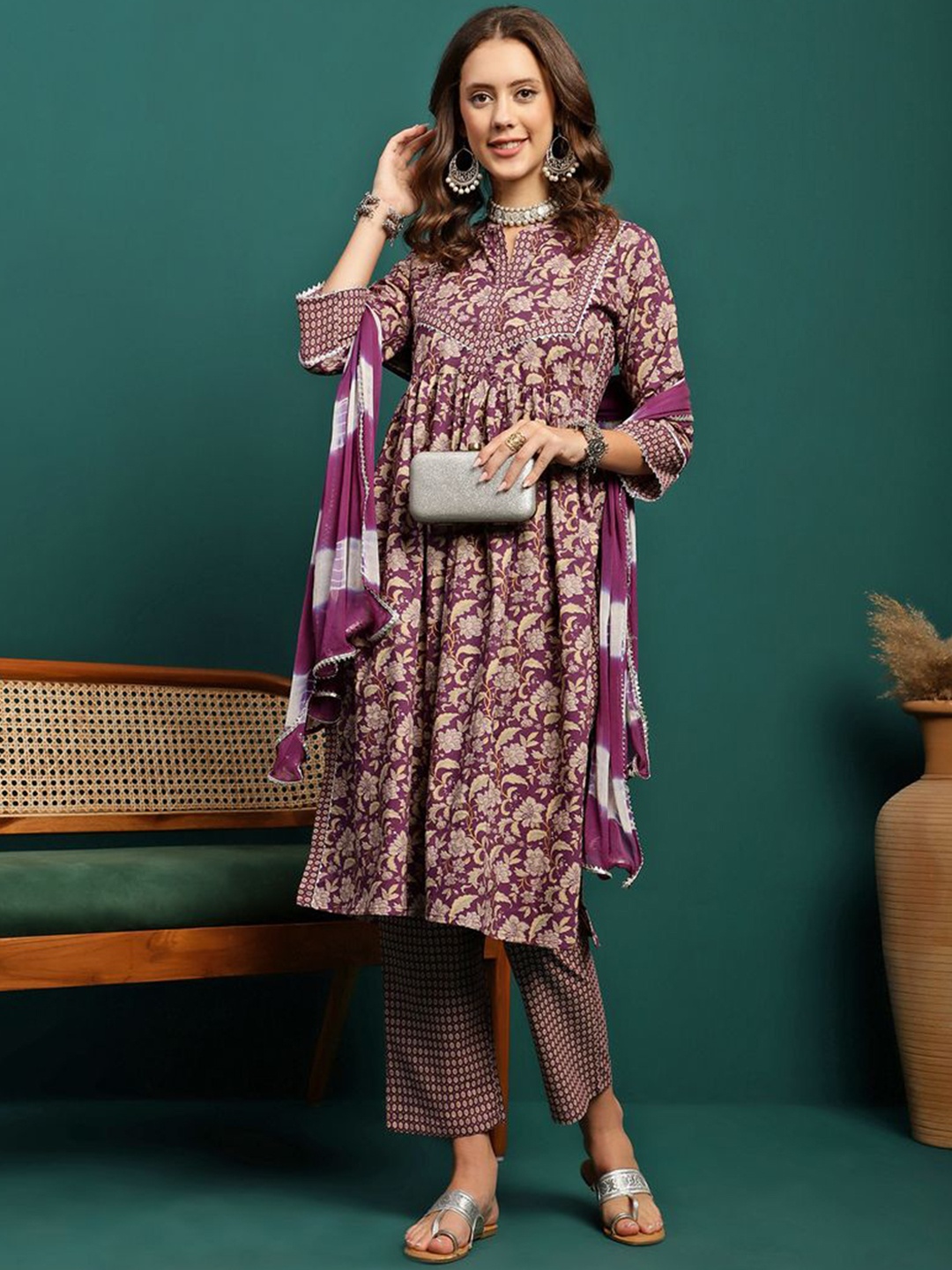 

Sangria Purple Floral Printed Gotta Patti Pure Cotton A-Line Kurta With Trouser & Dupatta