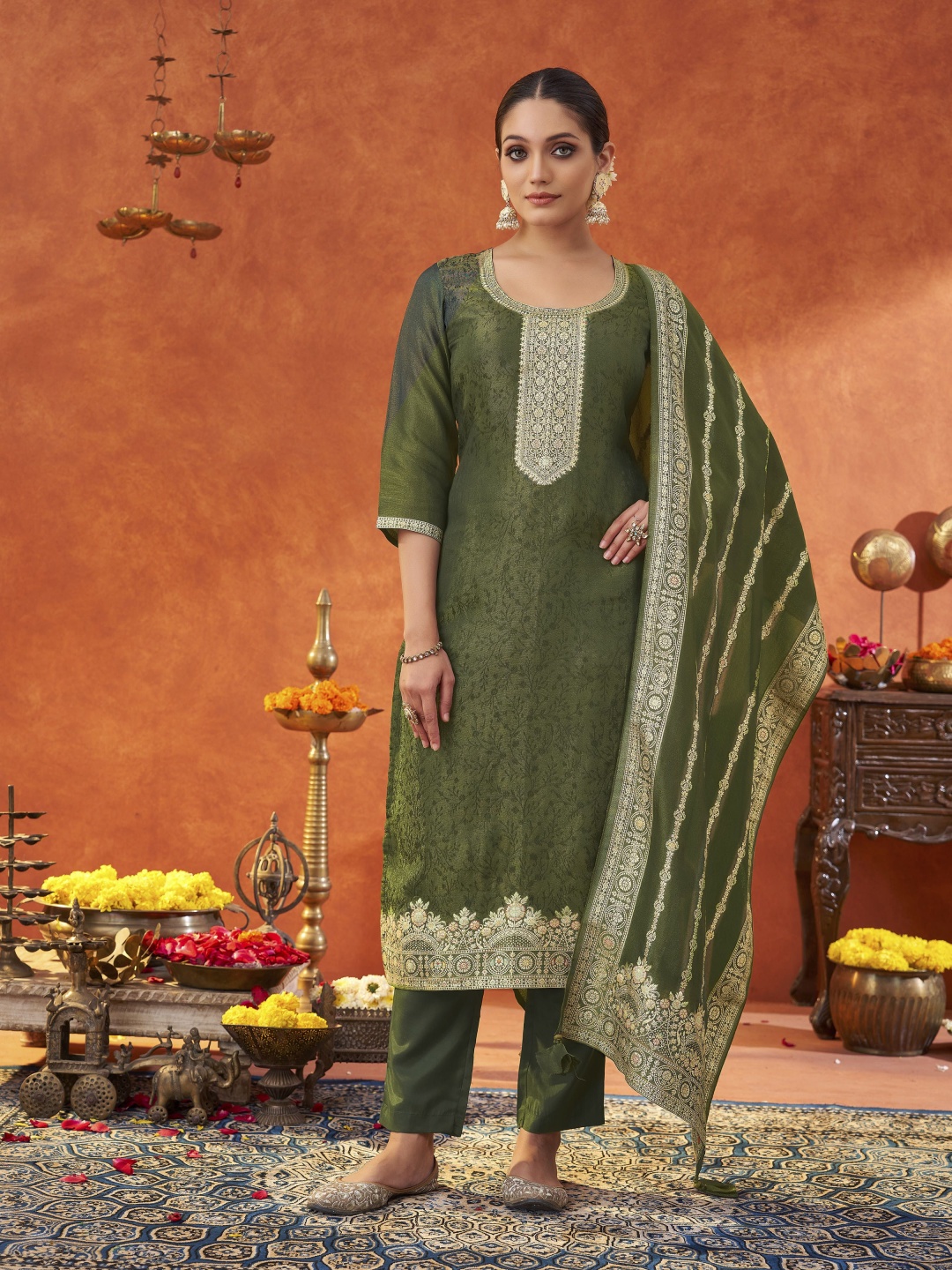 

Shaily Floral Woven Design Straight Kurta with Trousers & Dupatta, Green